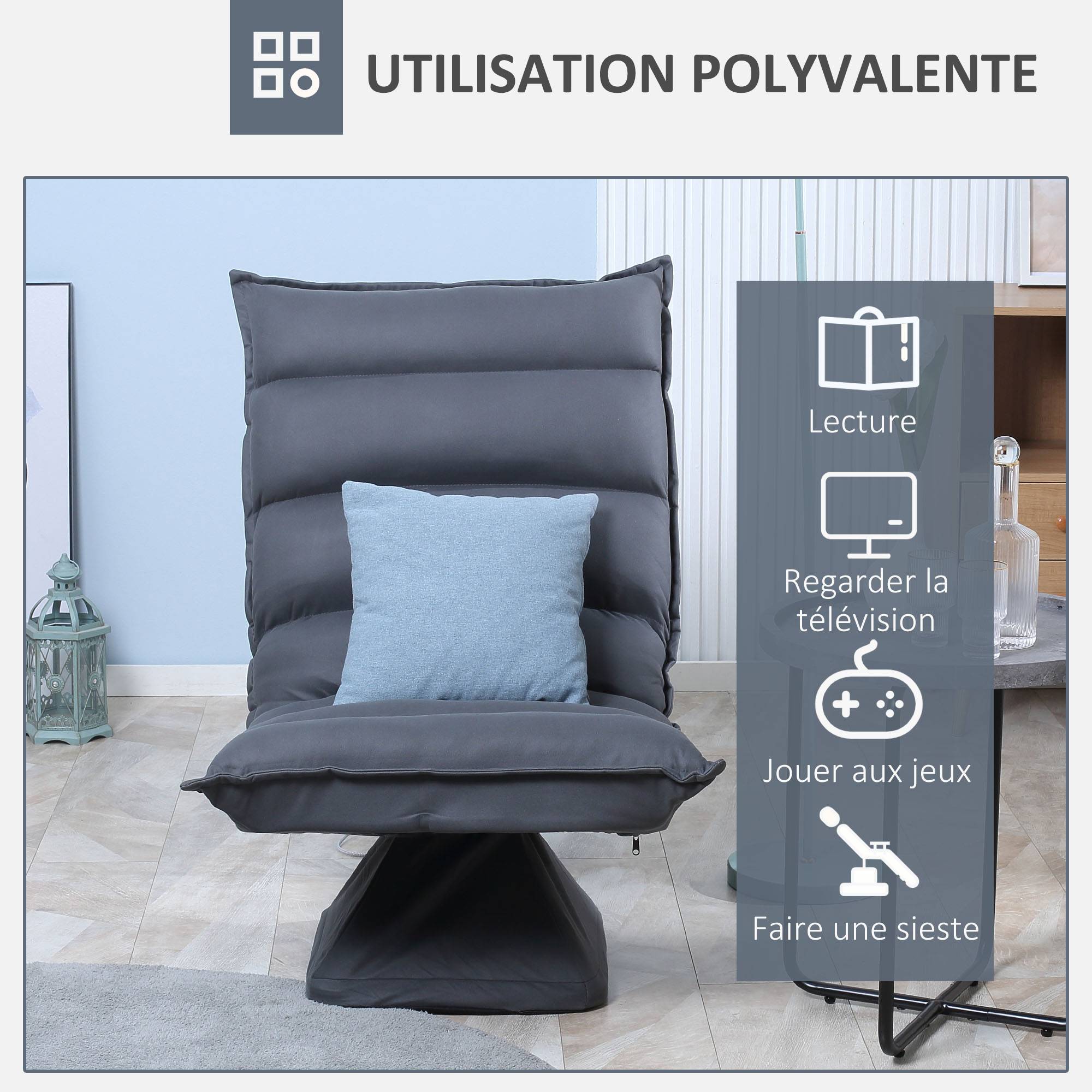 Fauteuil de sol paresseux pivotant 360° avec dossier inclinable design capitonné 62 x 62 x 95 cm gris foncé - Image 9