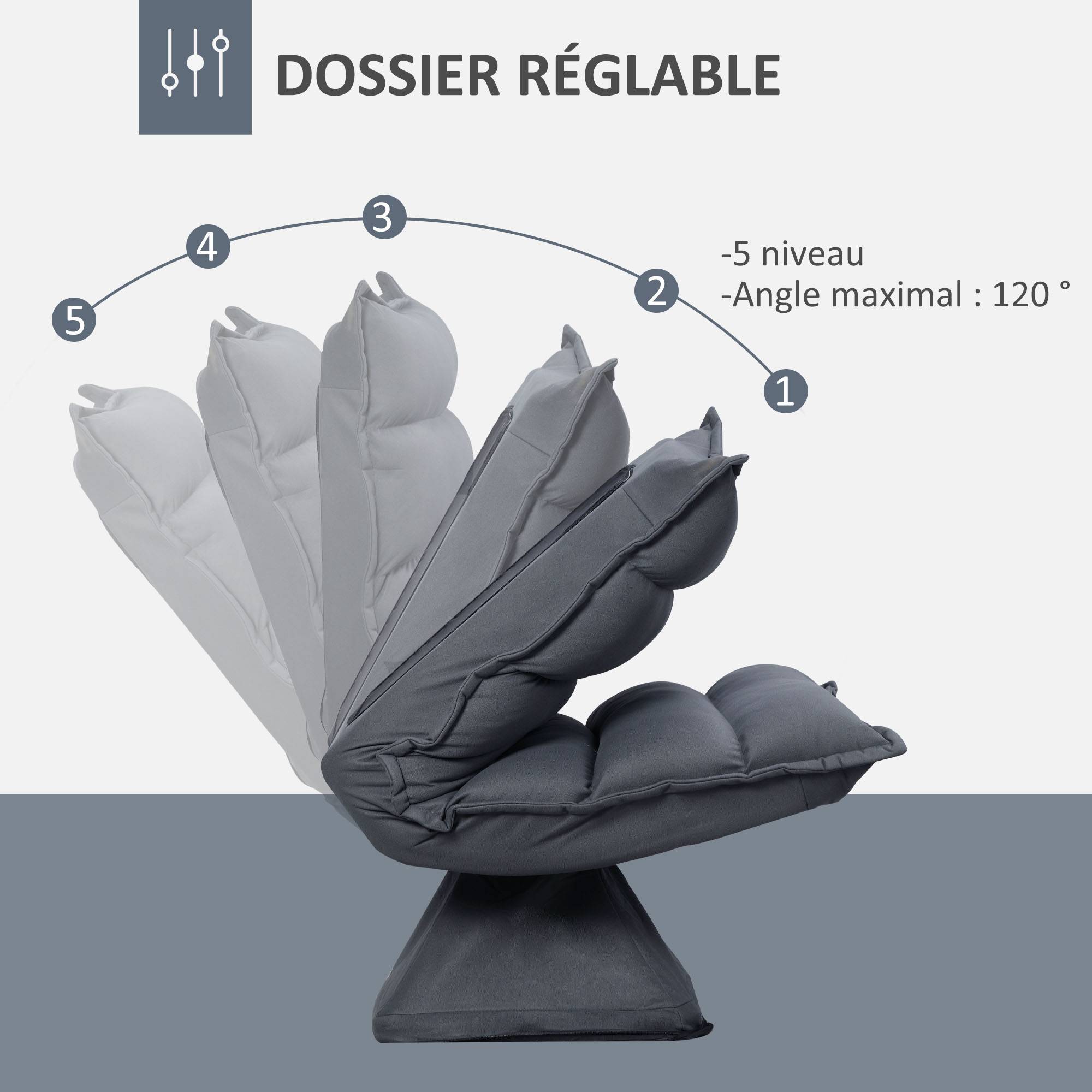 Fauteuil de sol paresseux pivotant 360° avec dossier inclinable design capitonné 62 x 62 x 95 cm gris foncé - Image 6