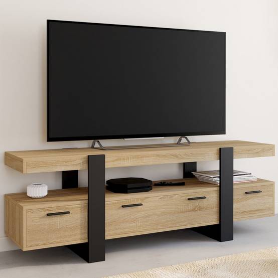 Meuble TV 140 cm PHOENIX avec tiroirs bois et noir - Image 1