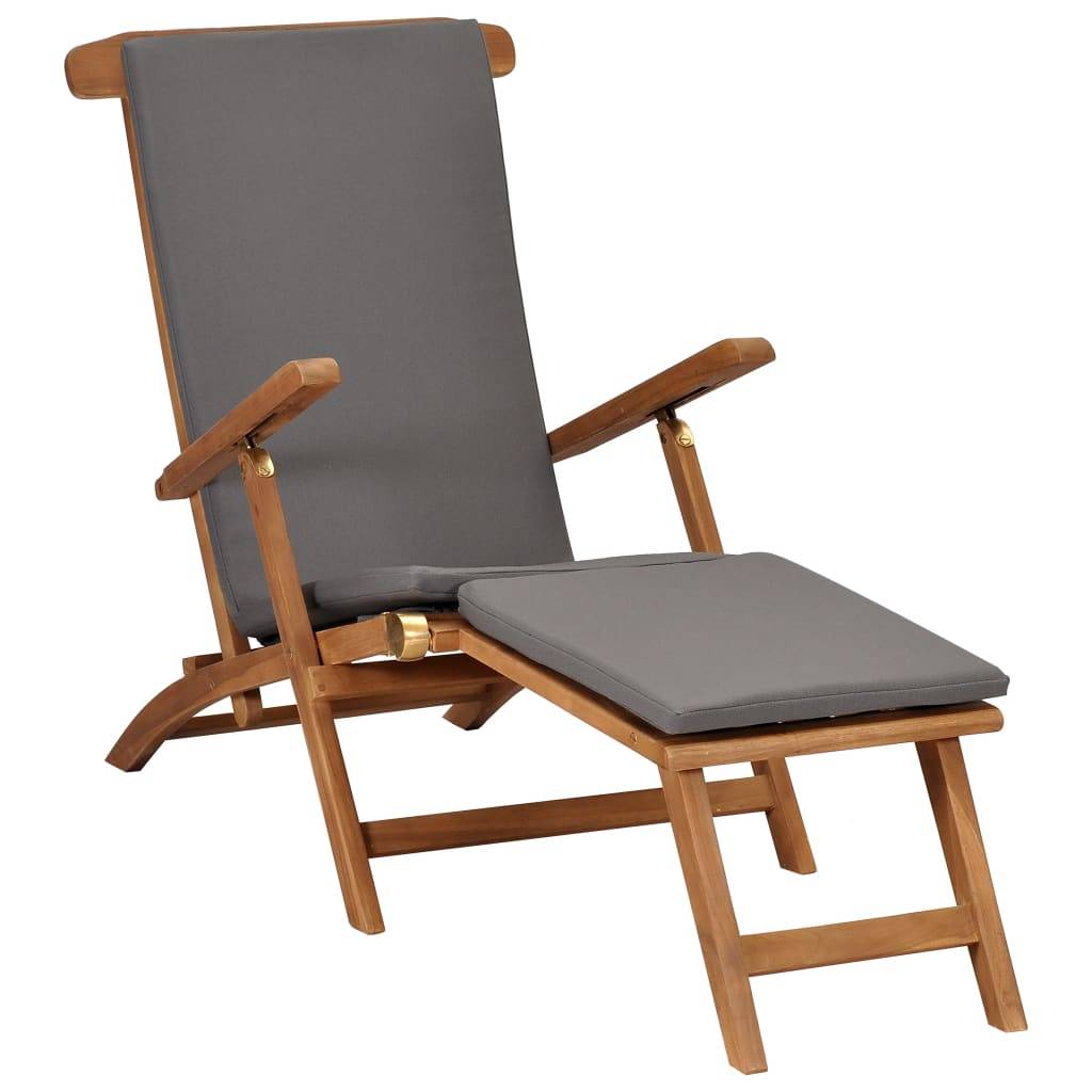 Helloshop26 - Transat chaise longue bain de soleil lit de jardin terrasse meuble d'extérieur 152 cm avec coussin gris foncé bois de teck solide - Image 1