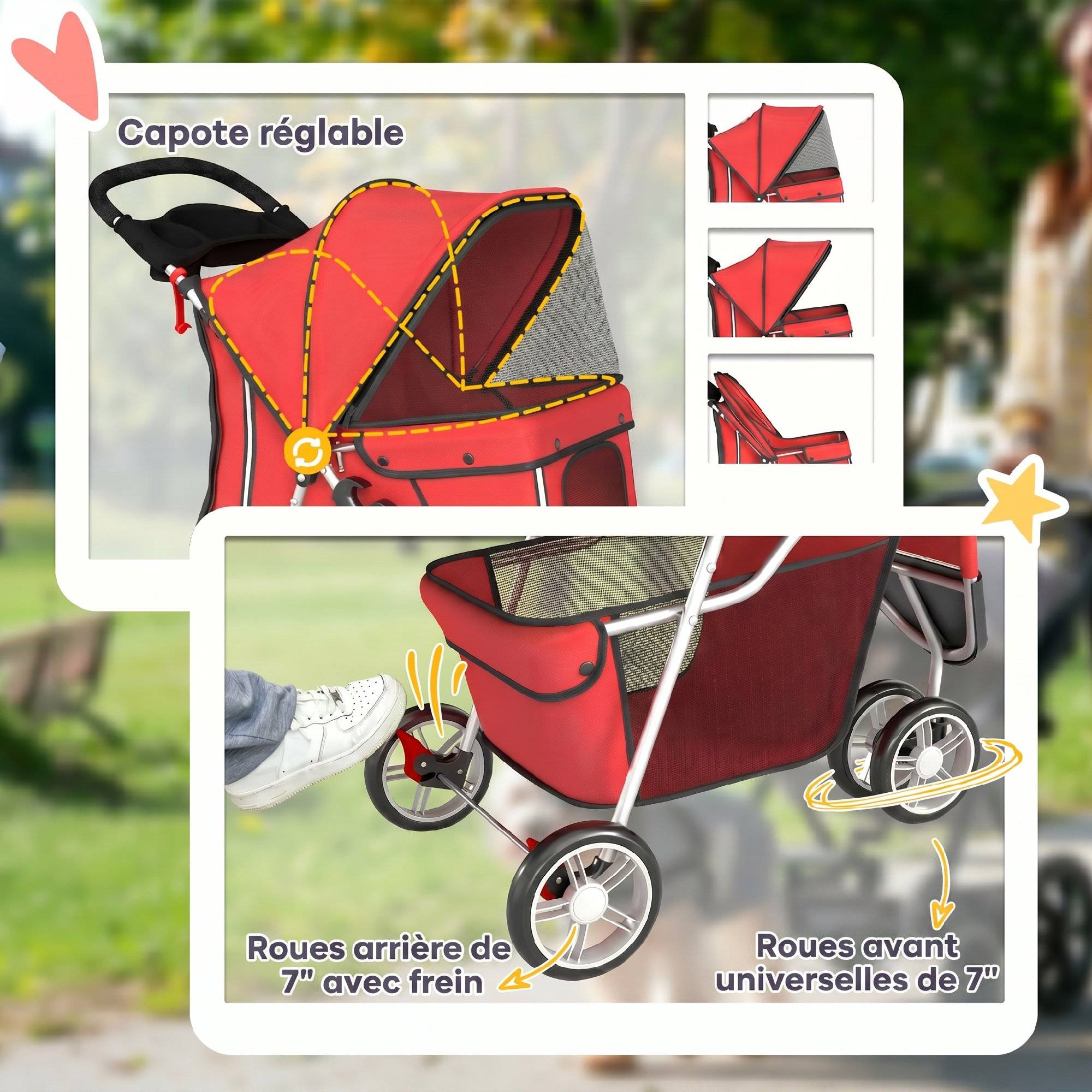 Poussette pour Chien 4 Roues, Chariot Pliable avec Auvent Réglable, Panier de Rangement, 77x44x102cm, Rouge - Image 8