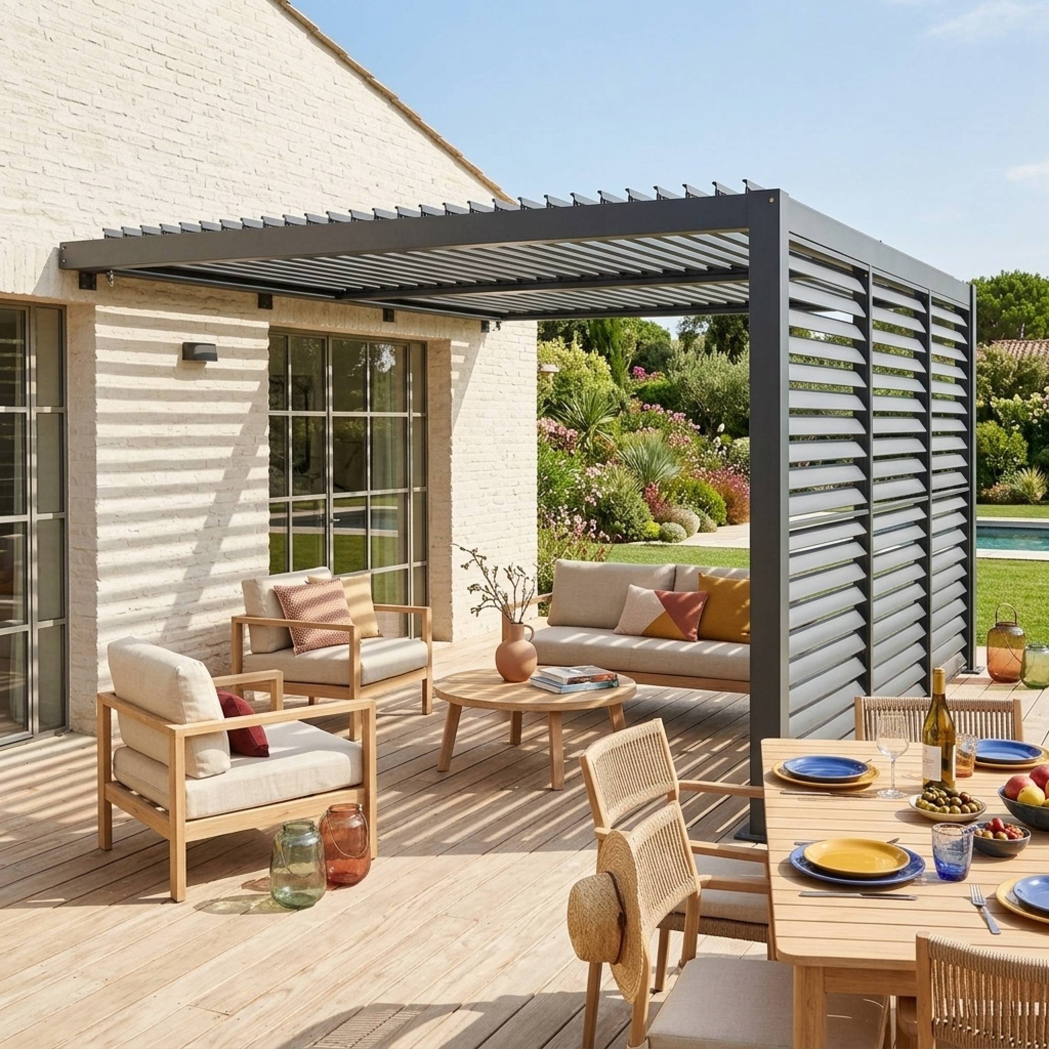sweeek - Pergola bioclimatique aluminium adossée 4x3m anthracite + 3 persiennes 130cm Palace | sweeek - Image 3