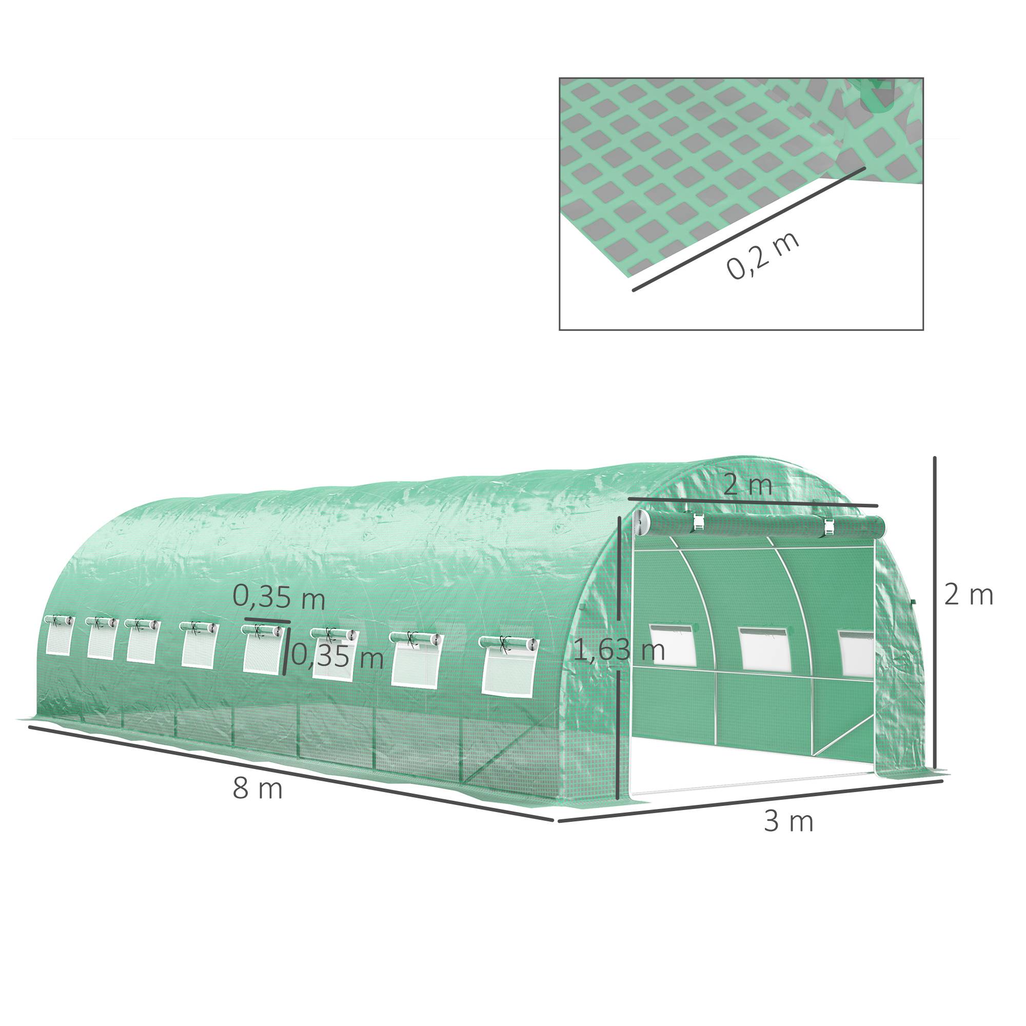 Serre Tunnel de Jardin 24 m² 8 x 3 x 2 m, Acier Galvanisé, Bâche PE, Porte et 16 Fenêtres - Image 5