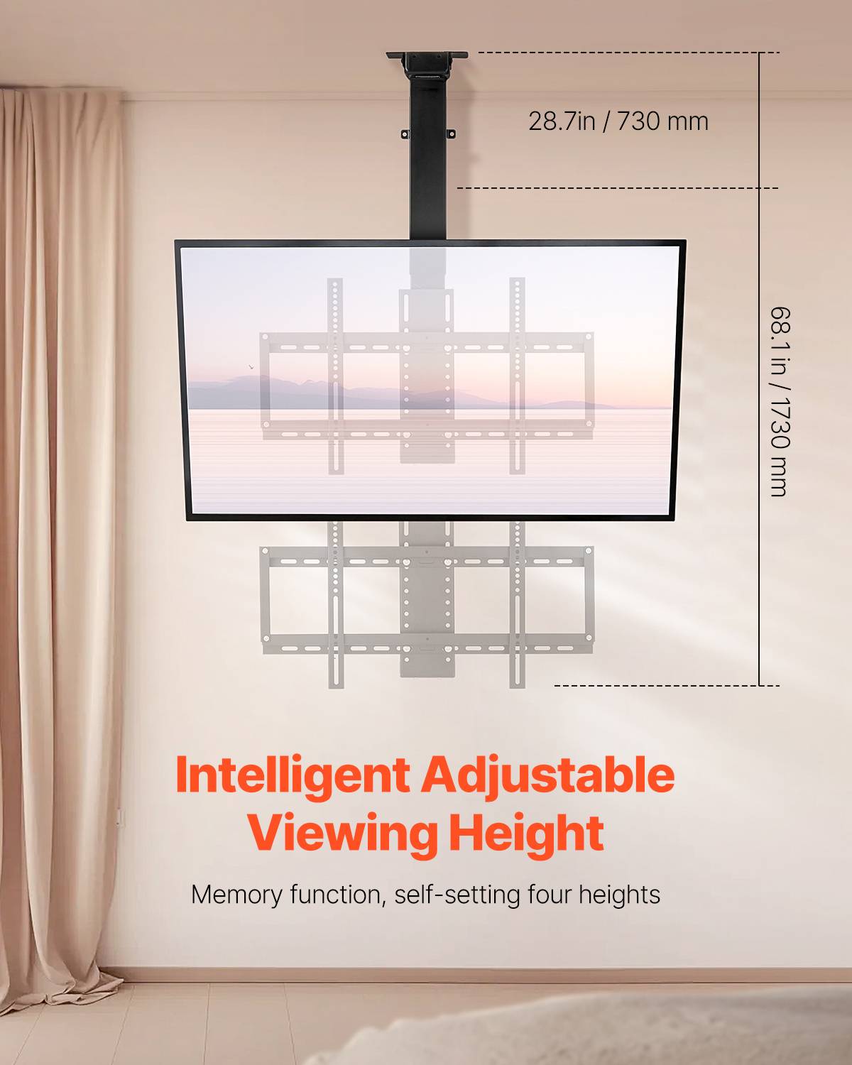 VEVOR Support TV Plafond Motorisé pour Écran 32-55 po/81,3-140 cm Réglable - Image 2