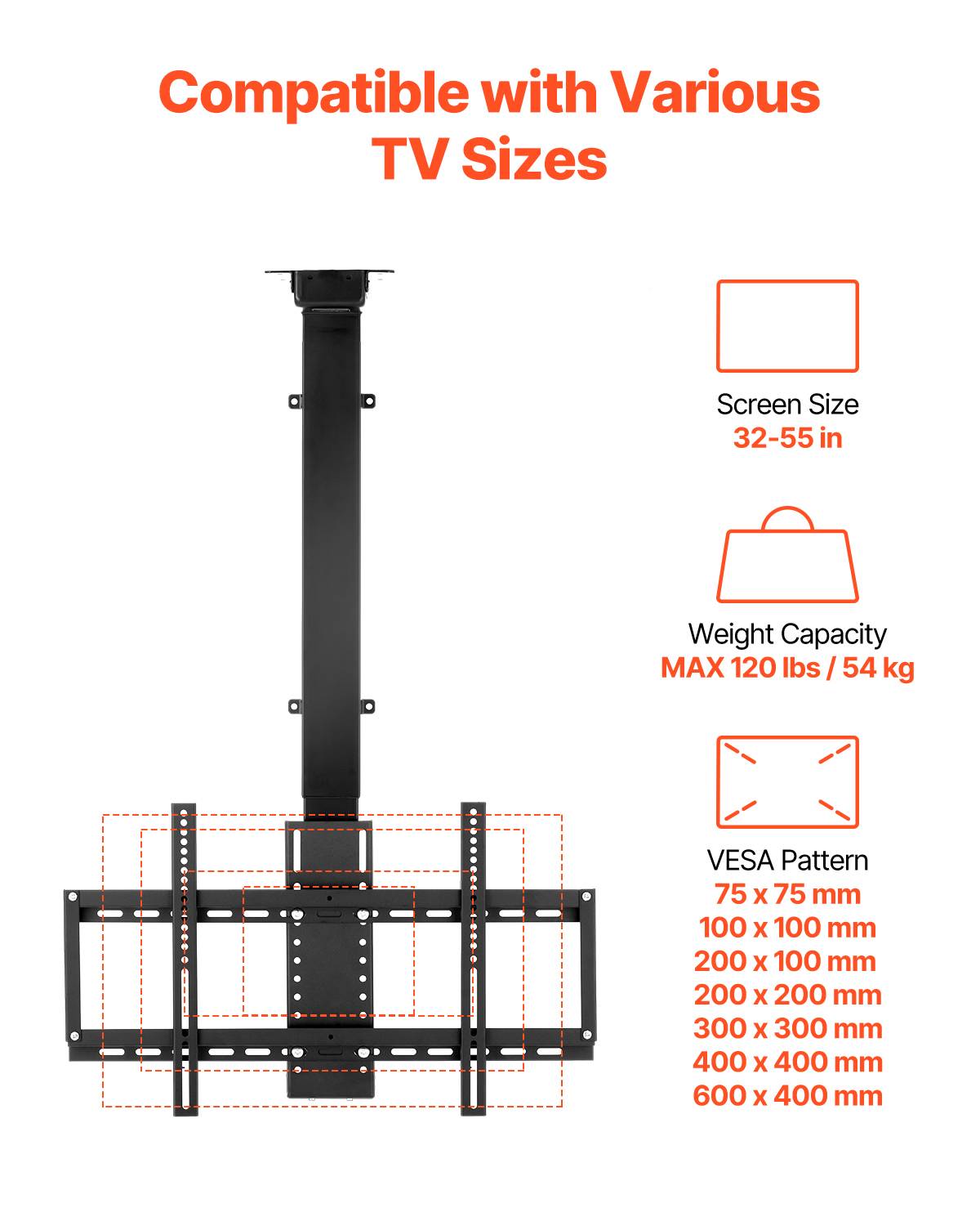 VEVOR Support TV Plafond Motorisé pour Écran 32-55 po/81,3-140 cm Réglable - Image 3