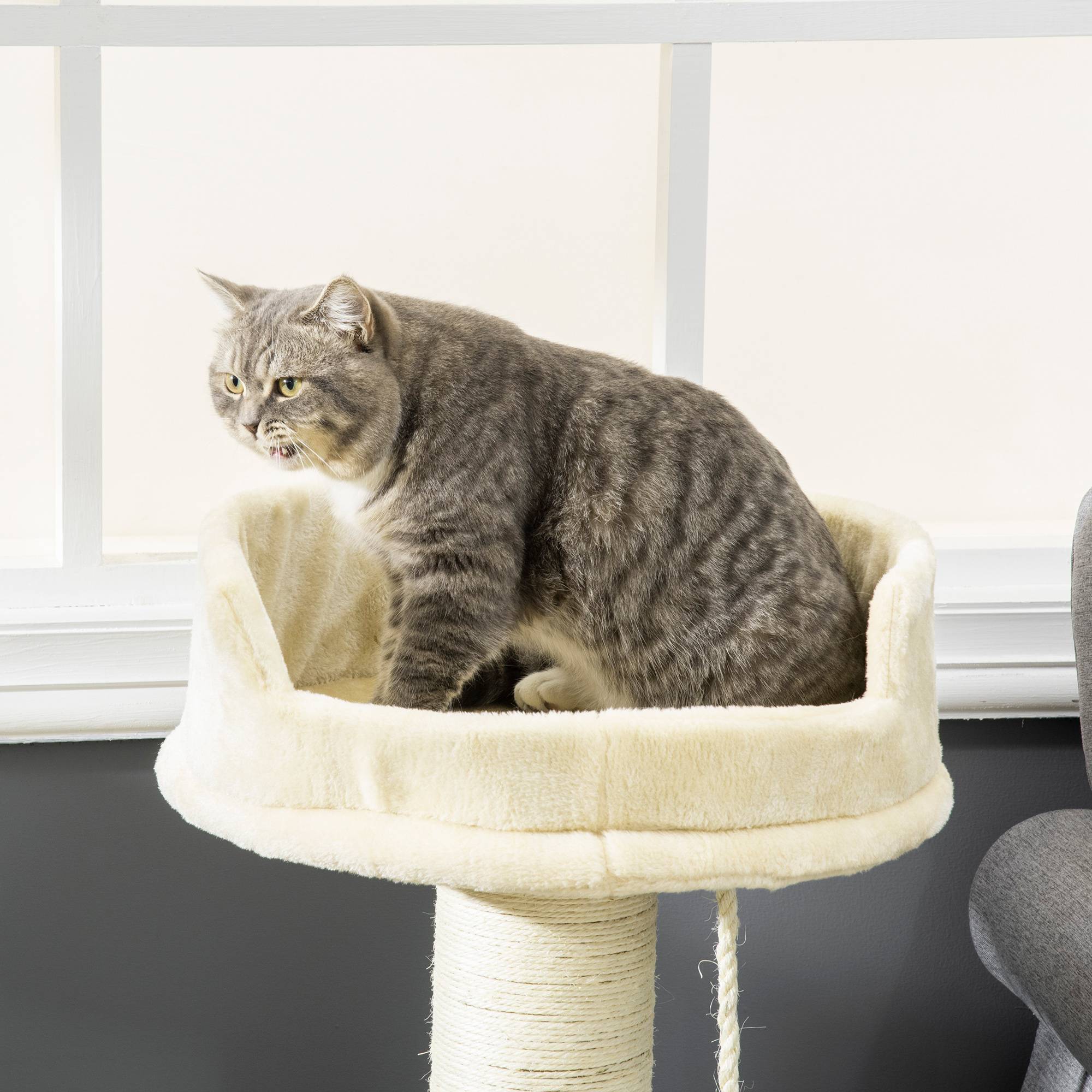 Pawhut - Arbre à chat griffoir grattoir sisal naturel plateforme d'observation corde d'escalade boule à ressort peluche beige - Image 7
