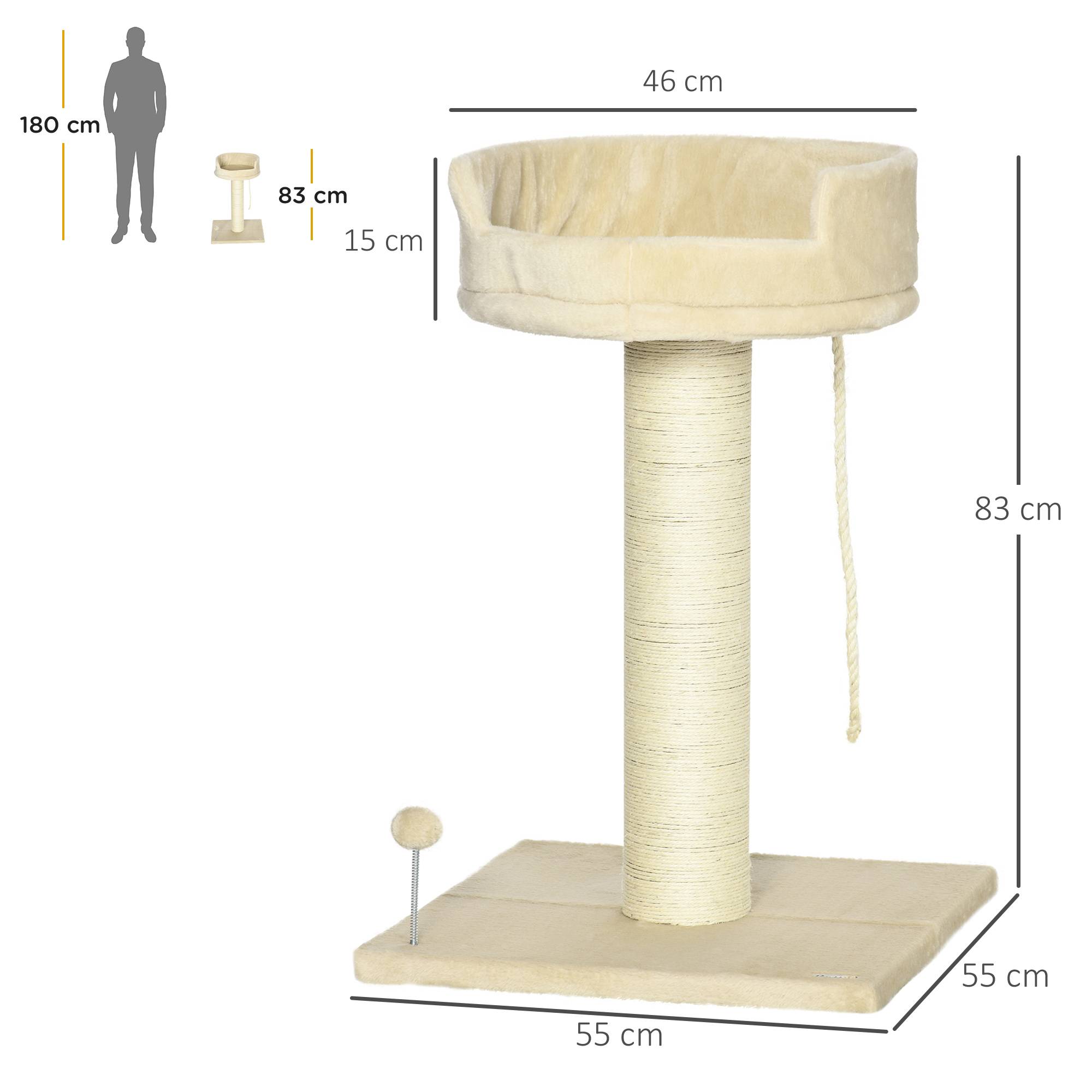 Pawhut - Arbre à chat griffoir grattoir sisal naturel plateforme d'observation corde d'escalade boule à ressort peluche beige - Image 3
