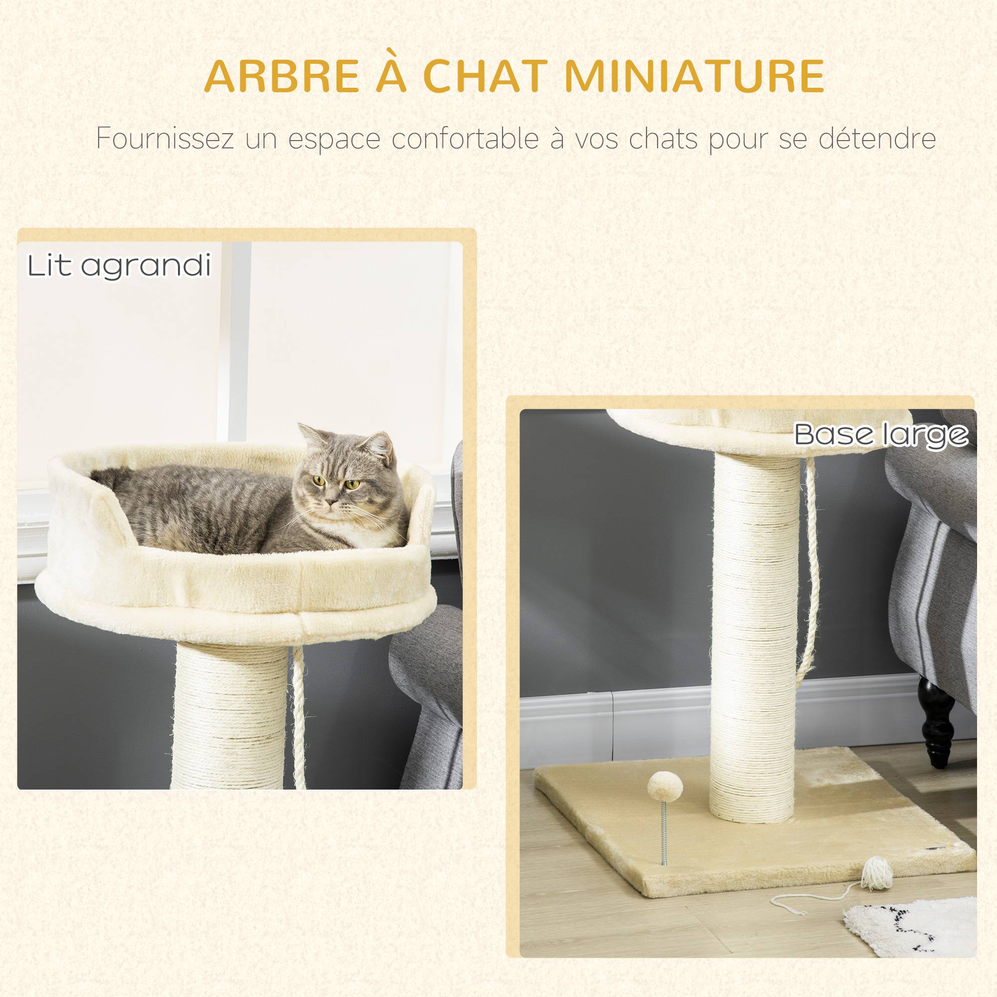 Pawhut - Arbre à chat griffoir grattoir sisal naturel plateforme d'observation corde d'escalade boule à ressort peluche beige - Image 4