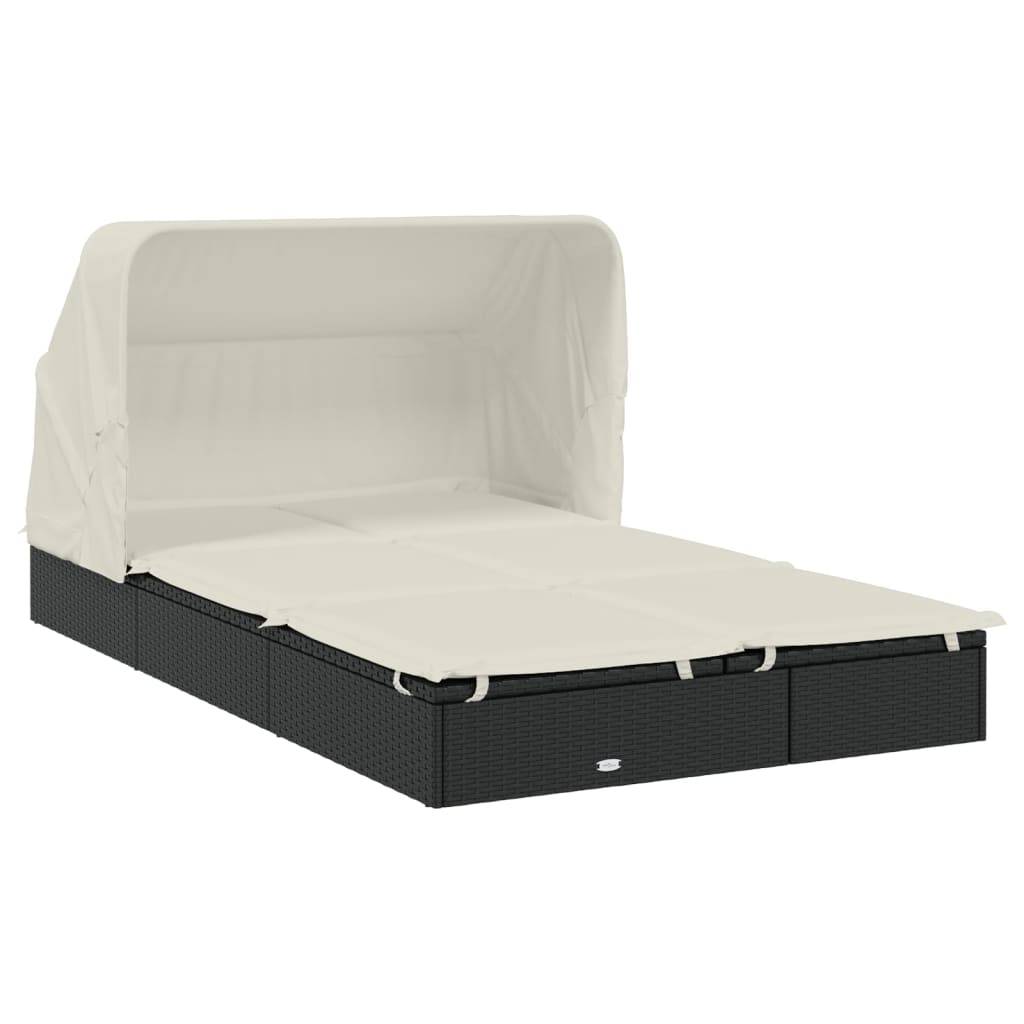 Helloshop26 - Transat bain de soleil chaise longue 2 places avec toit pliable 213 x 118 x 97 cm noir - Image 1