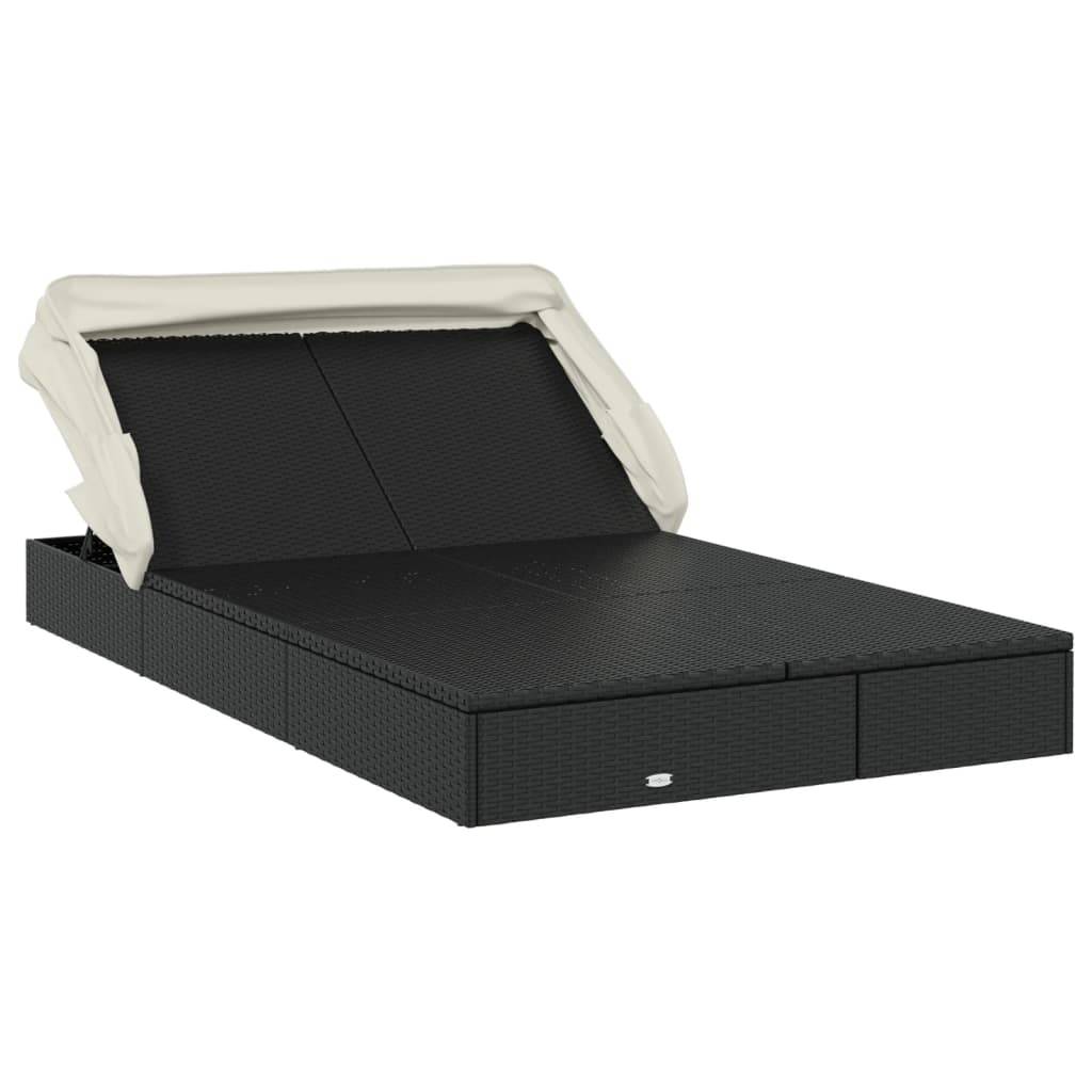 Helloshop26 - Transat bain de soleil chaise longue 2 places avec toit pliable 213 x 118 x 97 cm noir - Image 3