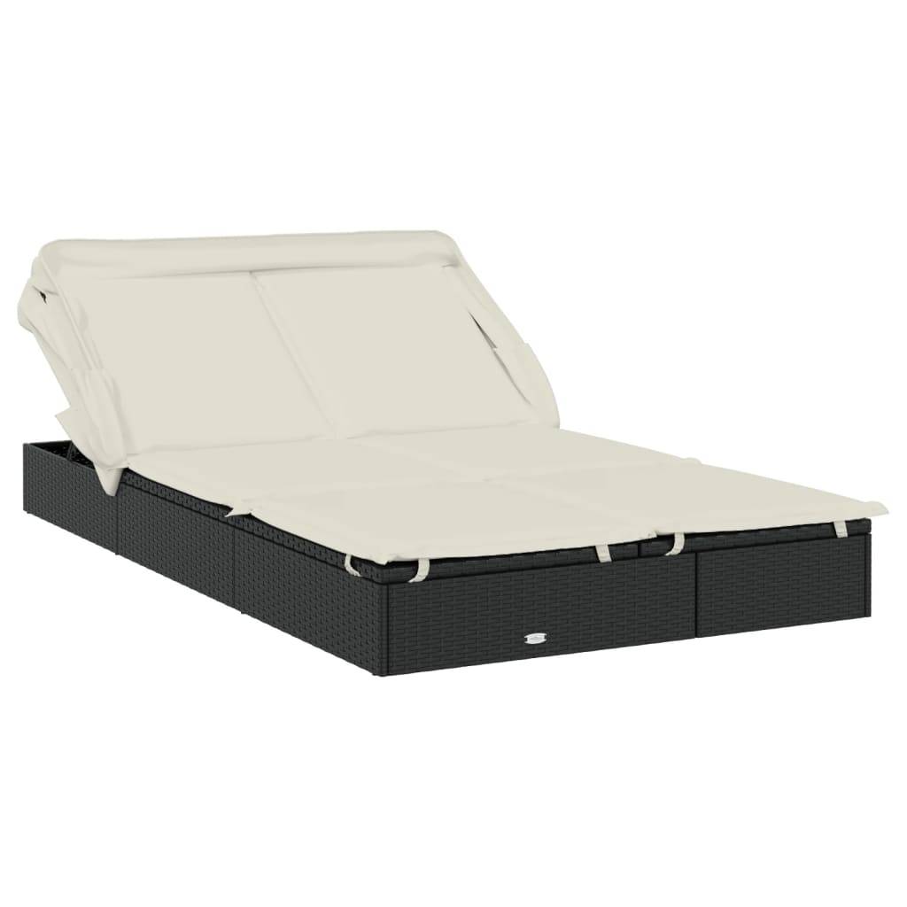 Helloshop26 - Transat bain de soleil chaise longue 2 places avec toit pliable 213 x 118 x 97 cm noir - Image 2