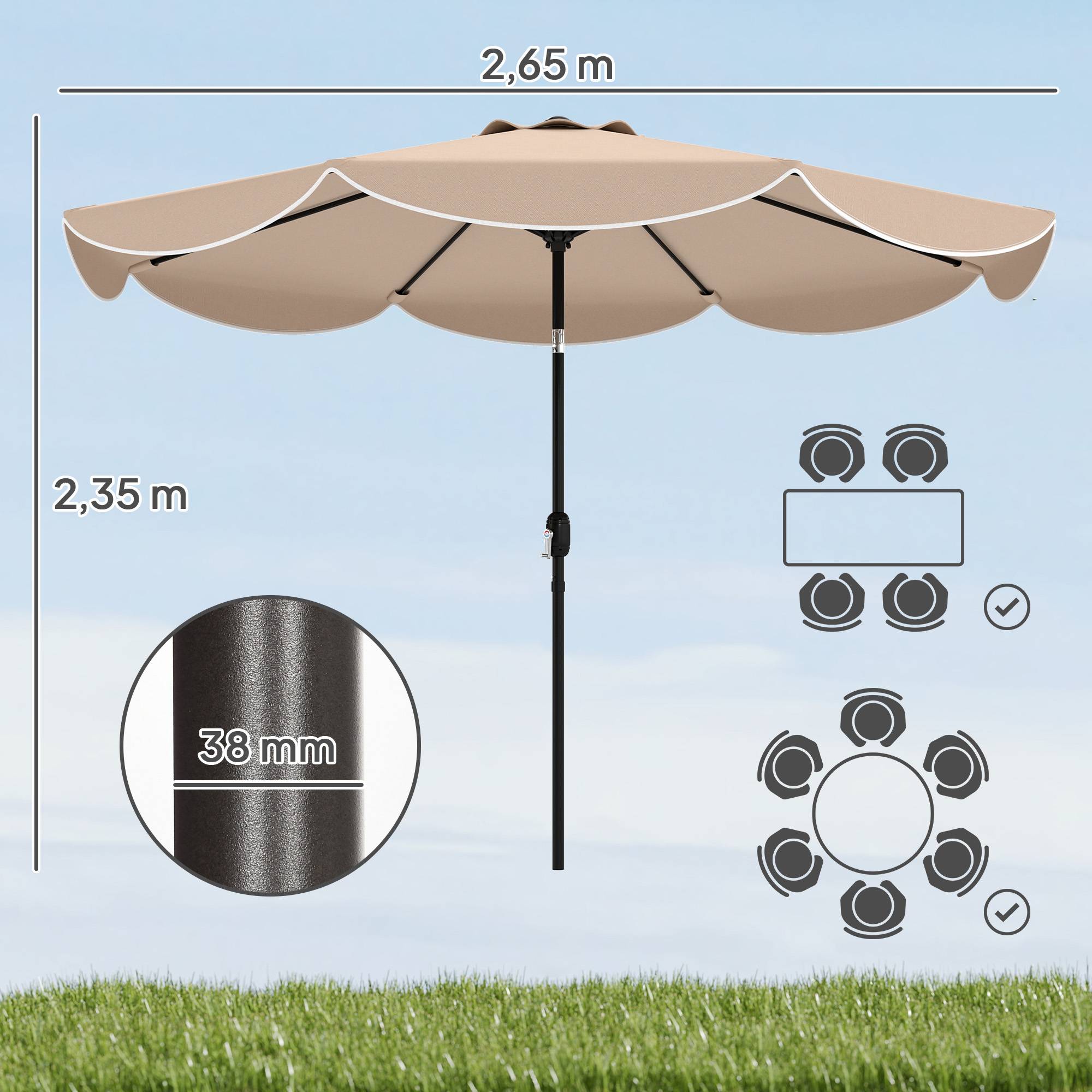 Parasol terrasse exterieur Ø2,7 m, inclinaison ajustable 3 positions, manivelle et volant, kaki - Image 5