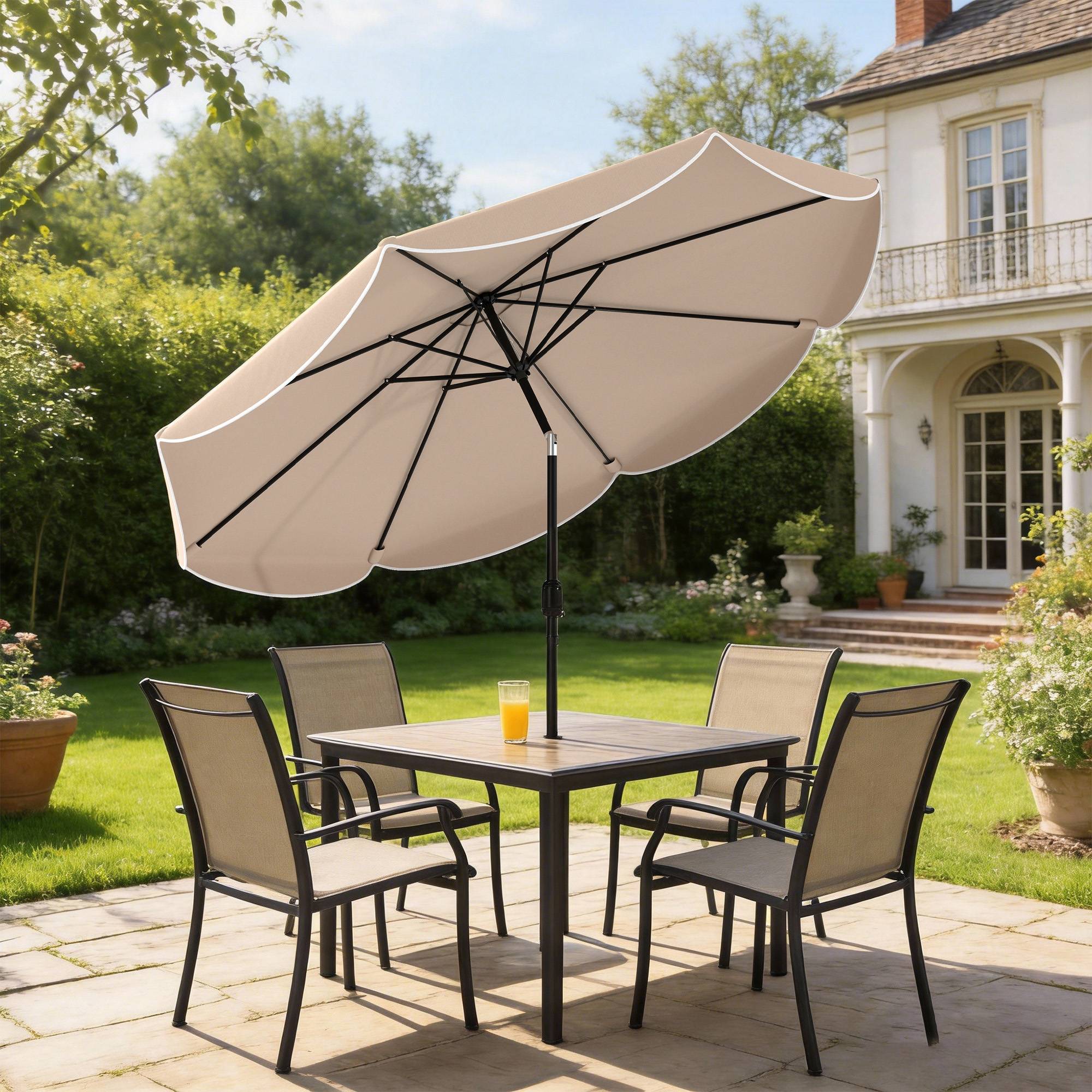 Parasol terrasse exterieur Ø2,7 m, inclinaison ajustable 3 positions, manivelle et volant, kaki - Image 3