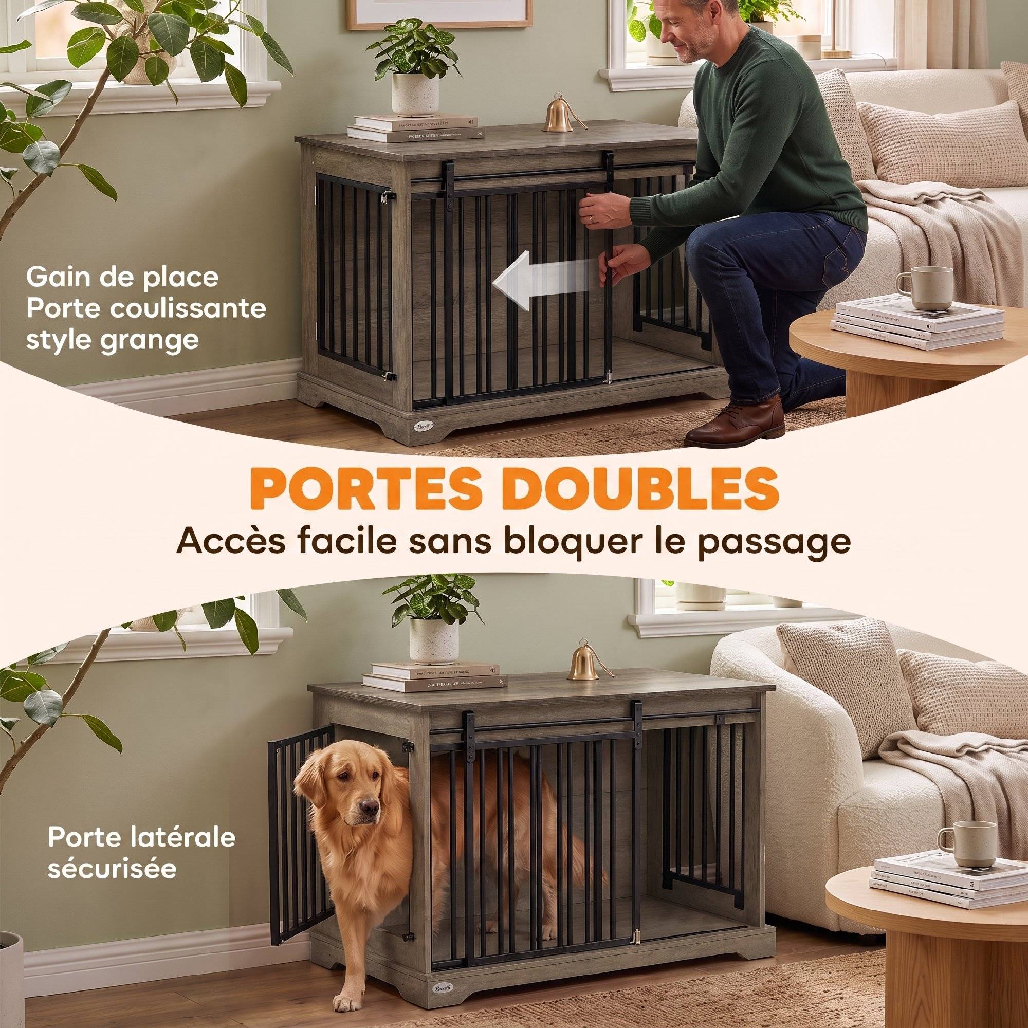Cage pour chien bois et acier, porte coulissante, table d'appoint, niche moderne 100x60x68cm, effet bois gris - Image 7