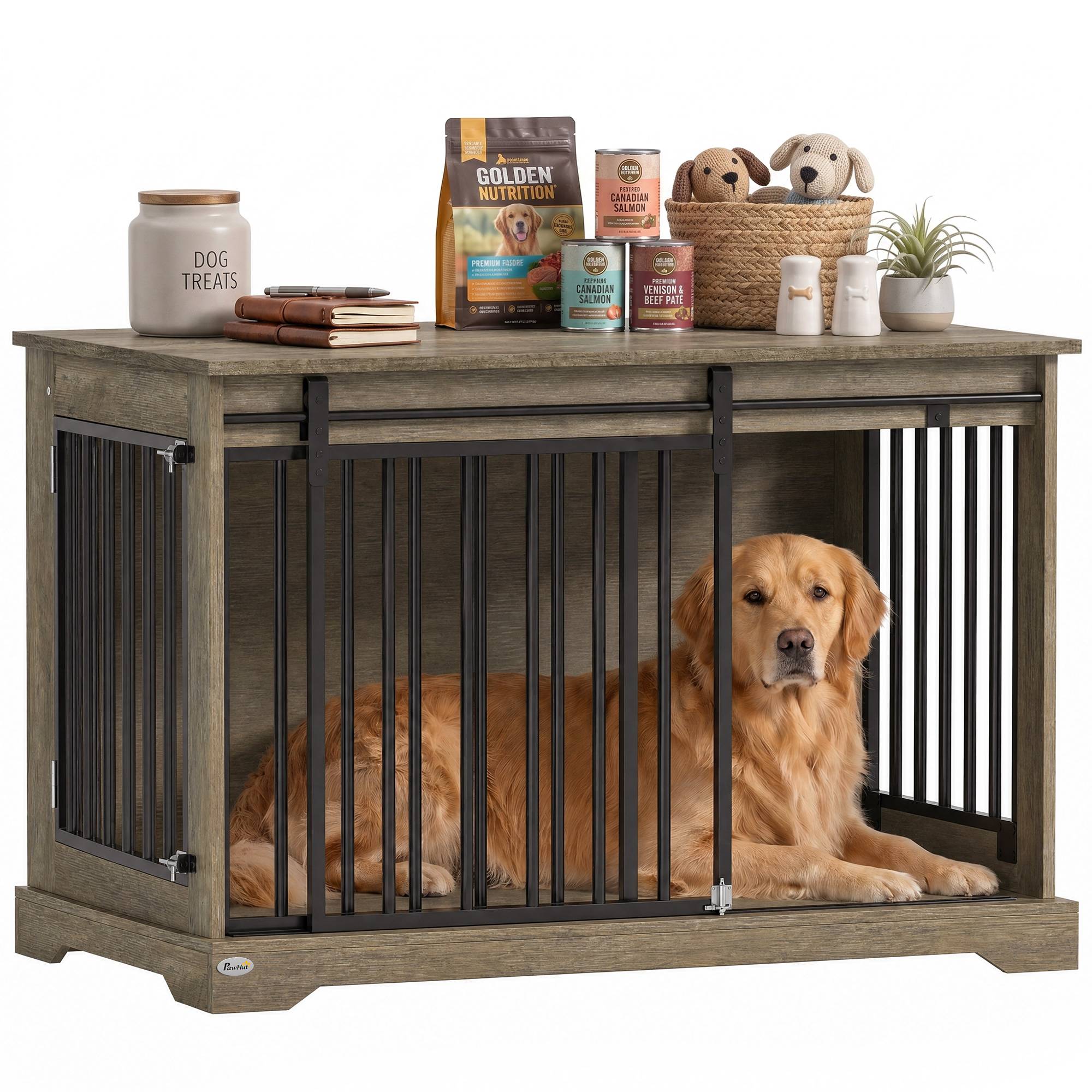Cage pour chien bois et acier, porte coulissante, table d'appoint, niche moderne 100x60x68cm, effet bois gris - Image 1