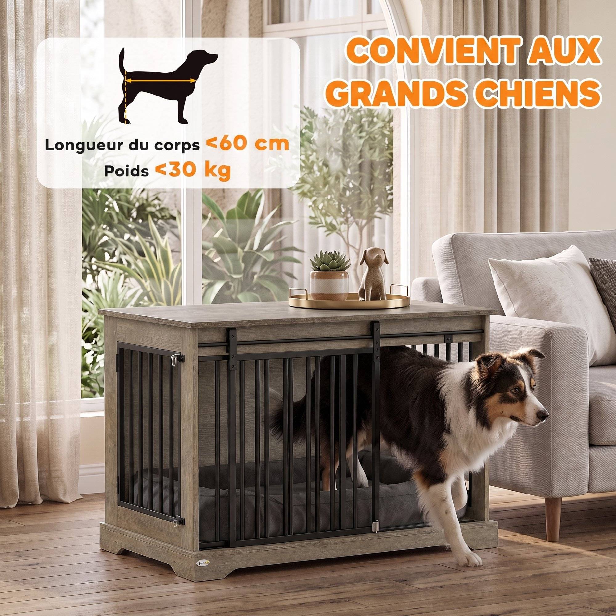 Cage pour chien bois et acier, porte coulissante, table d'appoint, niche moderne 100x60x68cm, effet bois gris - Image 6