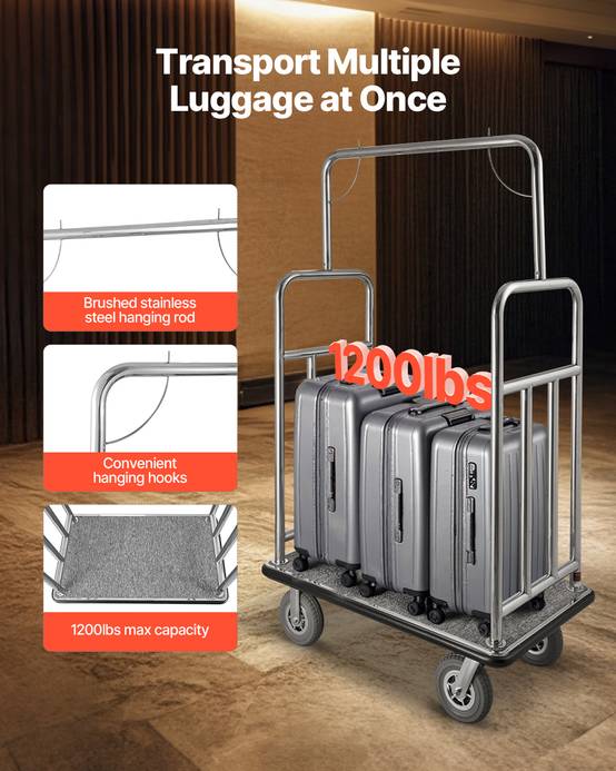 VEVOR Chariot Porte Bagages Hôtel Plate-forme 544 kg Finition Acier Inox Brossé - Image 2