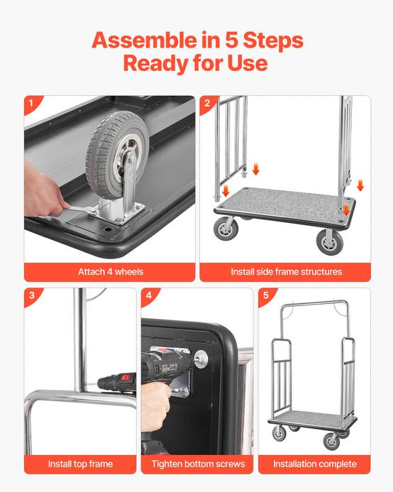VEVOR Chariot Porte Bagages Hôtel Plate-forme 544 kg Finition Acier Inox Brossé - Image 6