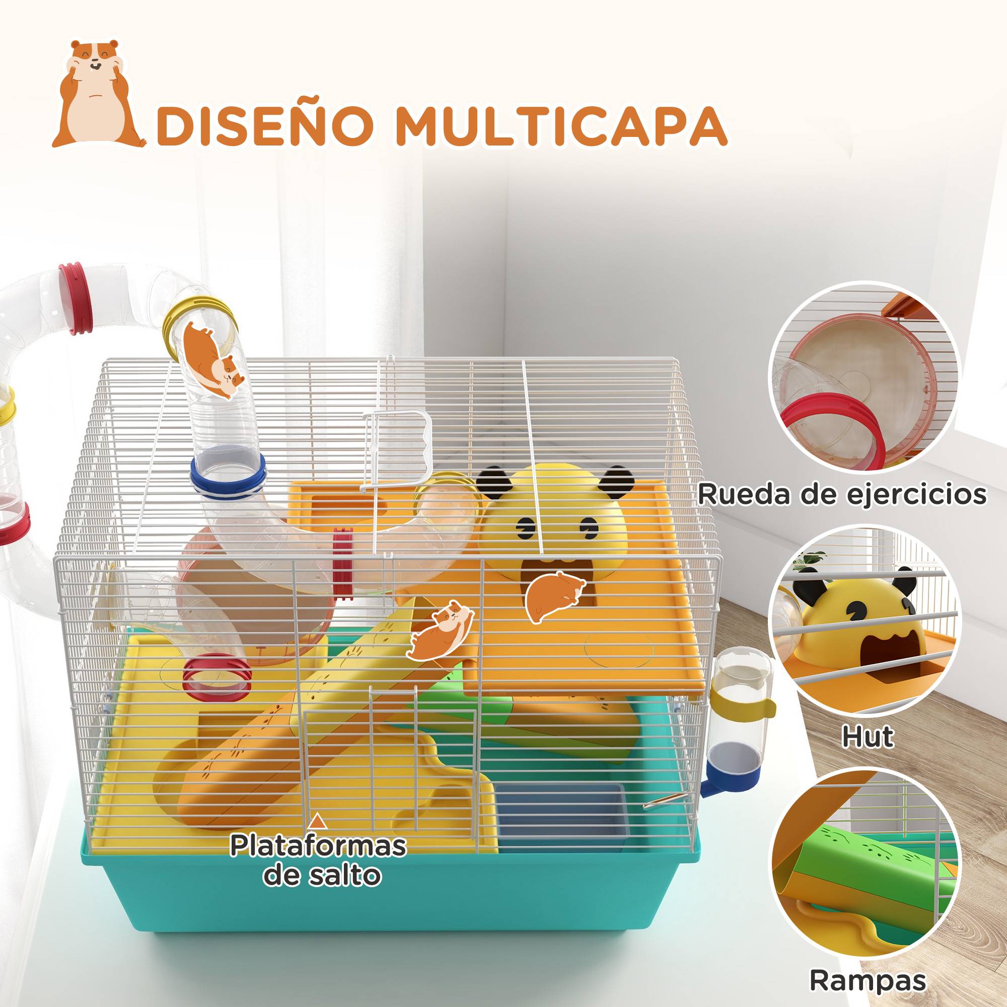 Cage hamster tubulaire Acier et PP complète avec accessoires 45x28x37cm Multicolore - ComfortXL Outdoor Living - Image 7