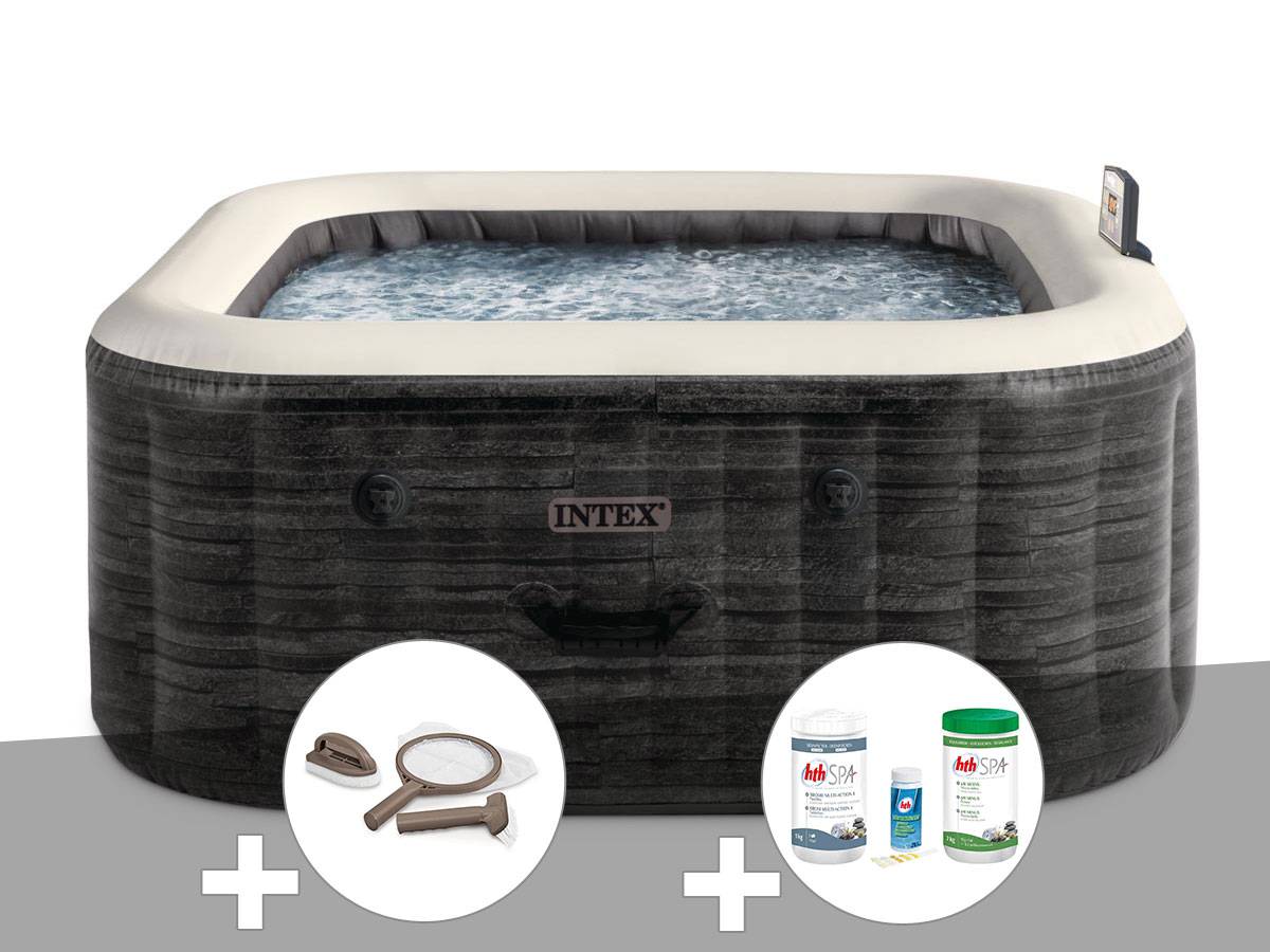 Kit spa gonflable Intex PureSpa Ardoise carré Bulles 4 places + Kit d'entretien + Kit de traitement brome