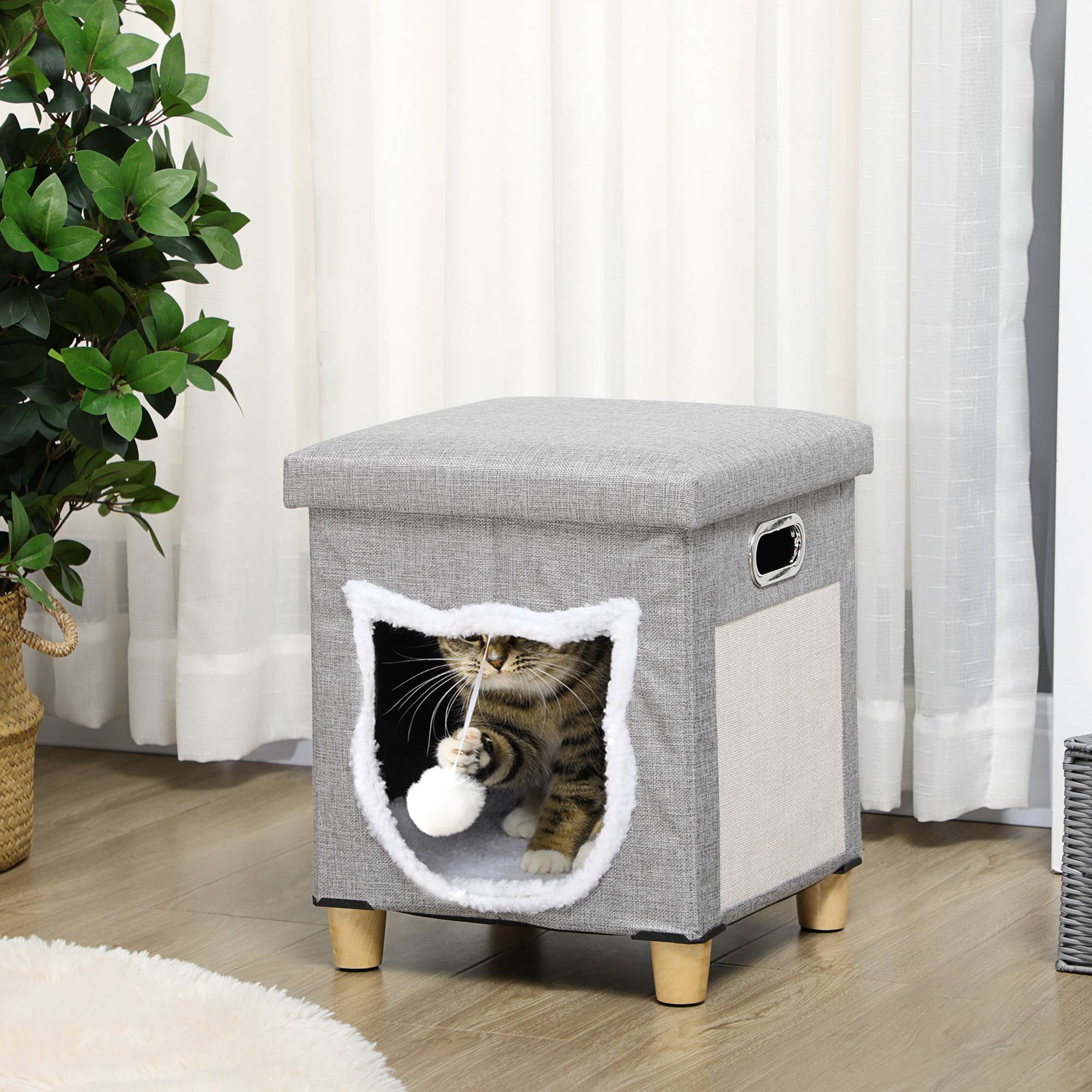 Pouf Repose-pieds 2 en 1 pour Chat Gris avec Griffoir Sisal Coussin Amovible et Balle de Jeu - ComfortXL Outdoor Living - Image 4
