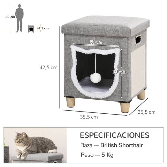 Pouf Repose-pieds 2 en 1 pour Chat Gris avec Griffoir Sisal Coussin Amovible et Balle de Jeu - ComfortXL Outdoor Living - Image 5