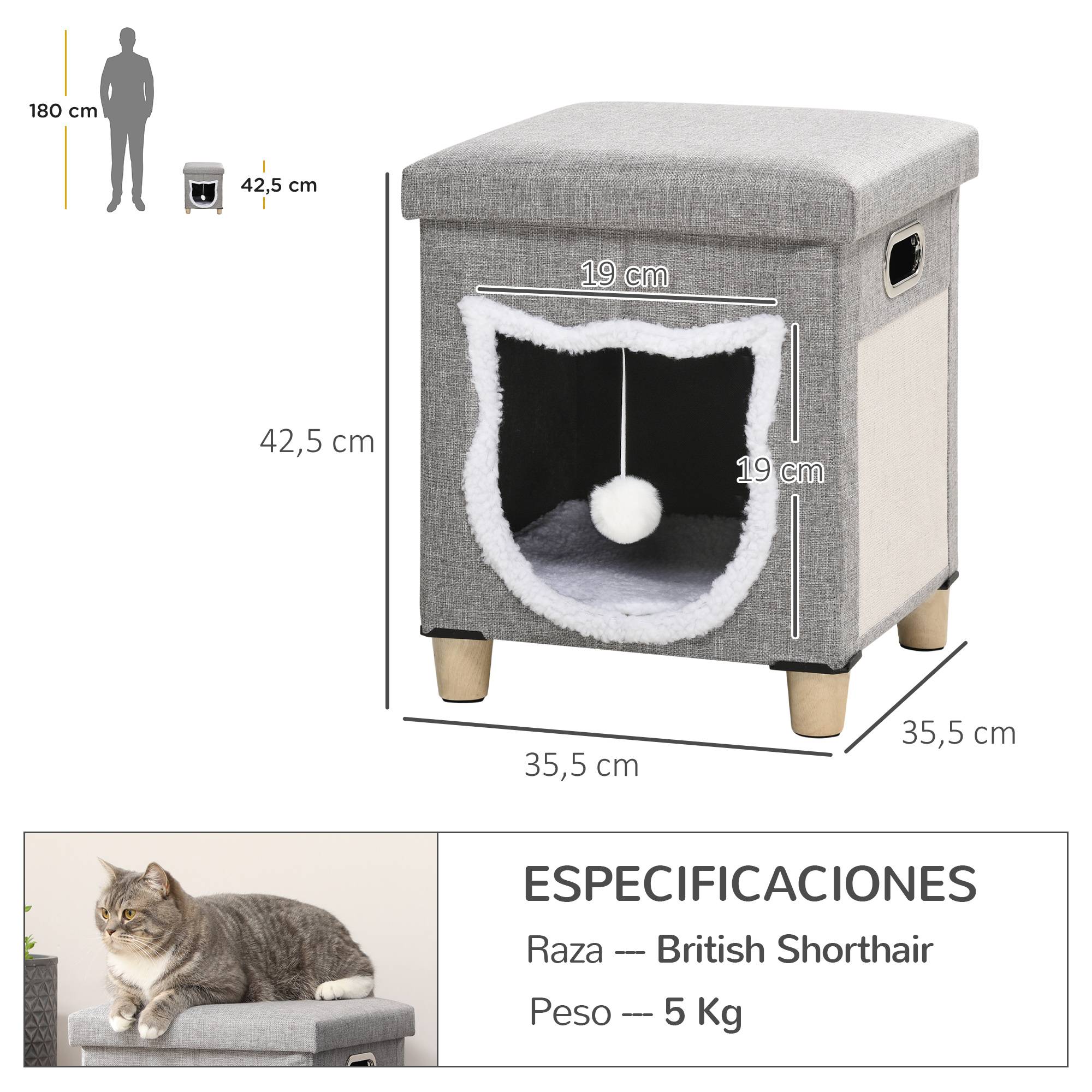 Pouf Repose-pieds 2 en 1 pour Chat Gris avec Griffoir Sisal Coussin Amovible et Balle de Jeu - ComfortXL Outdoor Living - Image 5