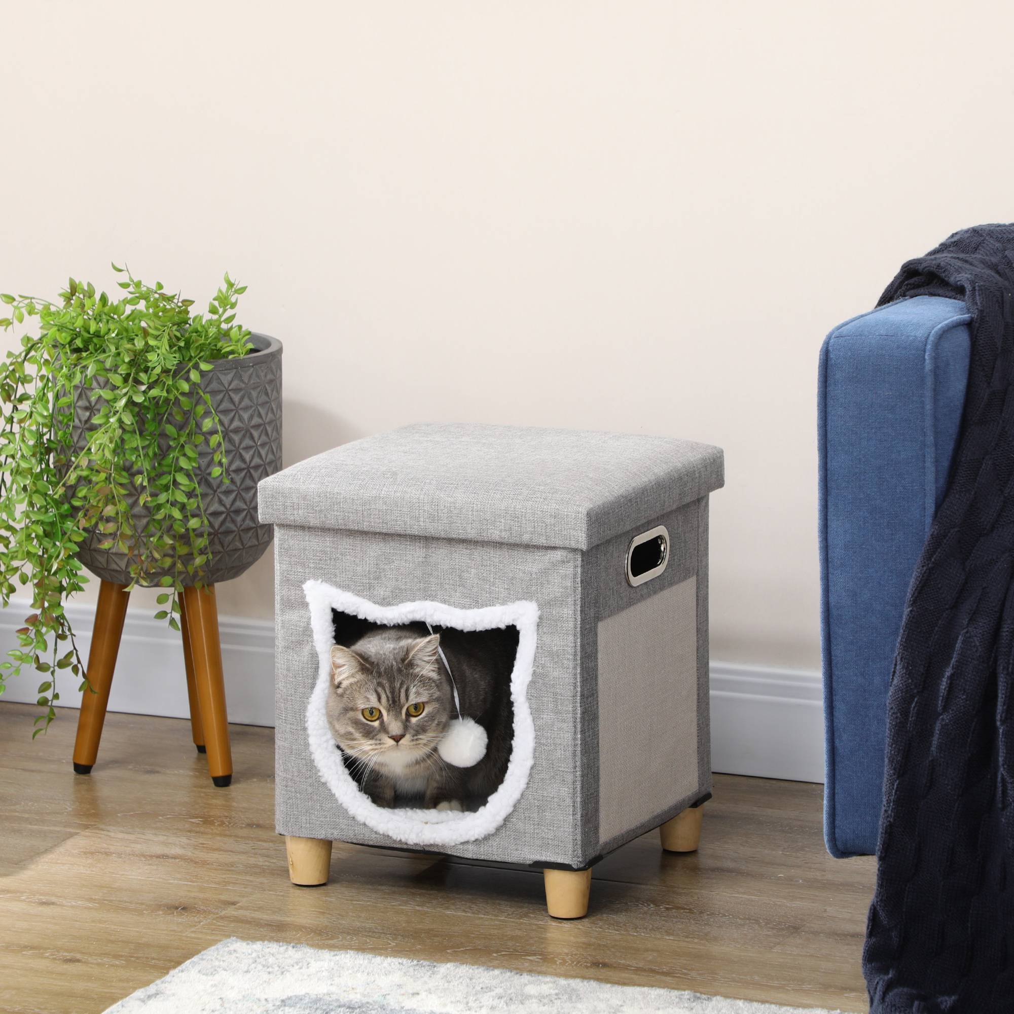 Pouf Repose-pieds 2 en 1 pour Chat Gris avec Griffoir Sisal Coussin Amovible et Balle de Jeu - ComfortXL Outdoor Living - Image 3