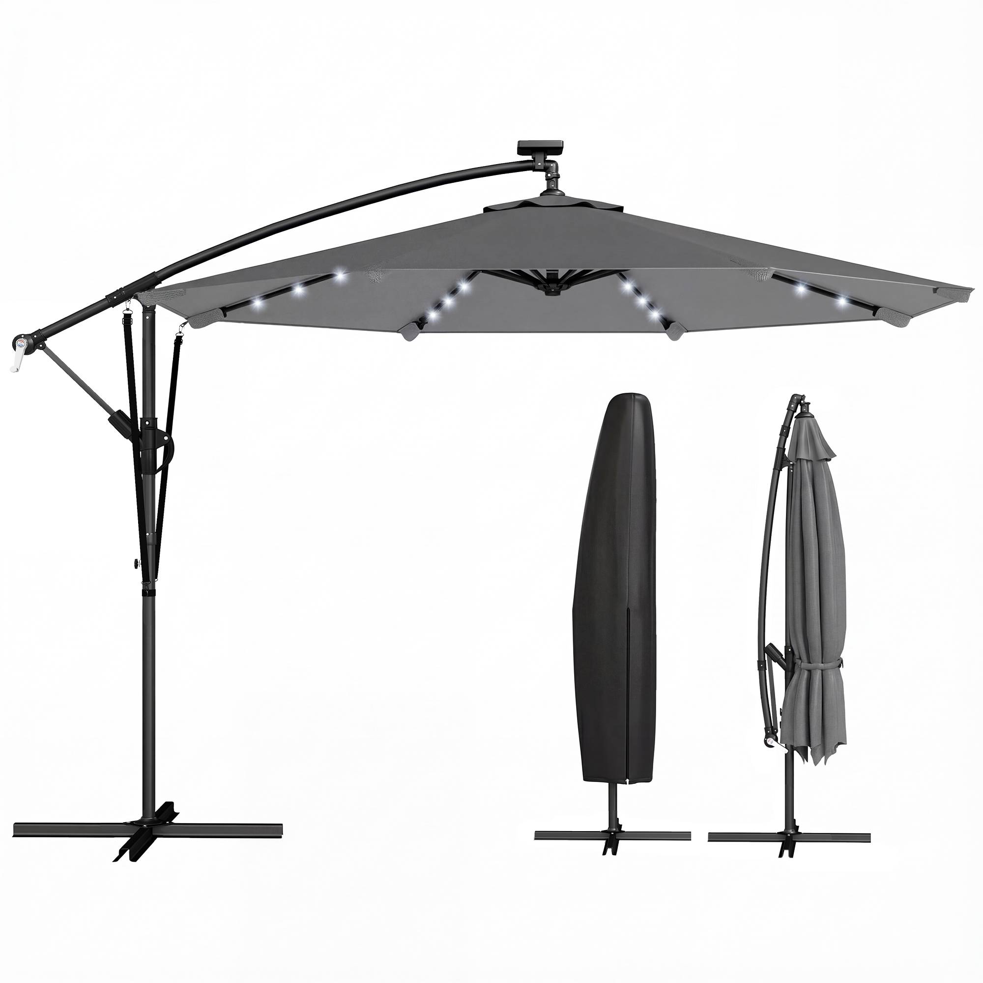 Parasol Déporté Parasol de Jardin LED Solaire 32 Lampes LED Manivelle UV 50+ et Housse de Protection Ø 295cm Gris - Image 1
