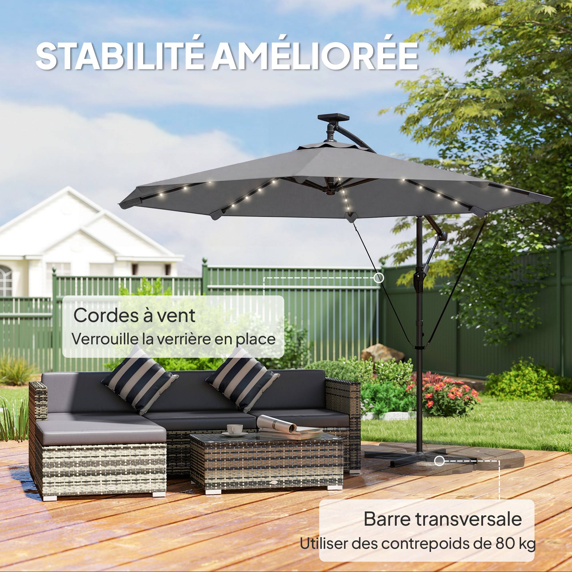 Parasol Déporté Parasol de Jardin LED Solaire 32 Lampes LED Manivelle UV 50+ et Housse de Protection Ø 295cm Gris - Image 8