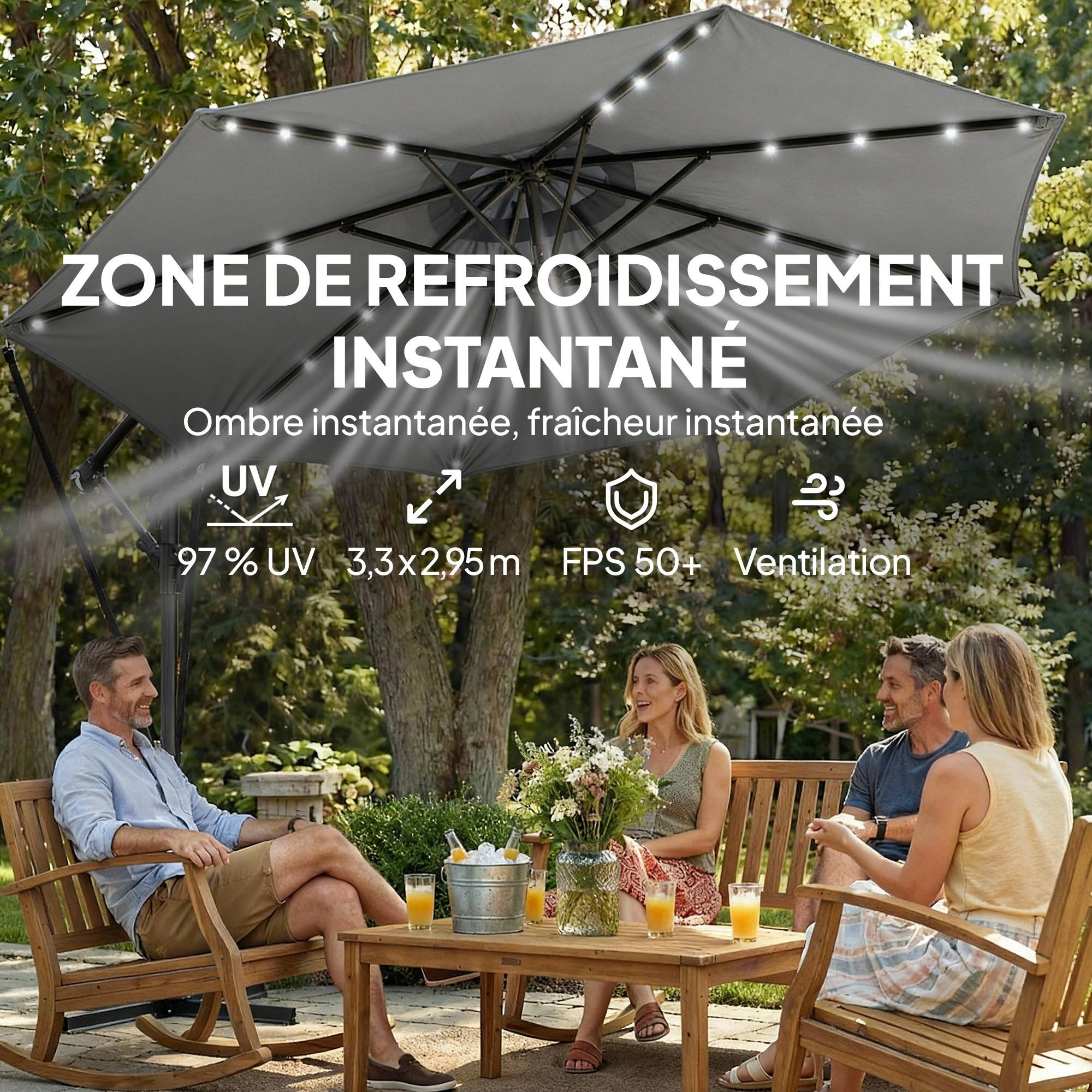 Parasol Déporté Parasol de Jardin LED Solaire 32 Lampes LED Manivelle UV 50+ et Housse de Protection Ø 295cm Gris - Image 9