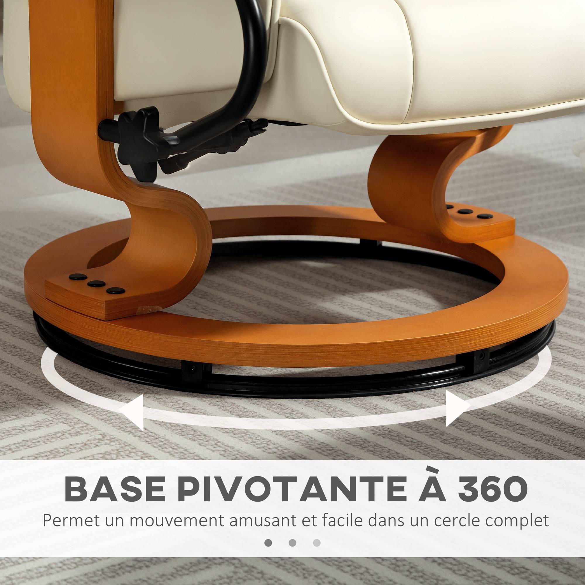 Fauteuil de relaxation inclinable avec repose-pied, pivotant, cadre en bois , revêtement synthétique crème - Image 7