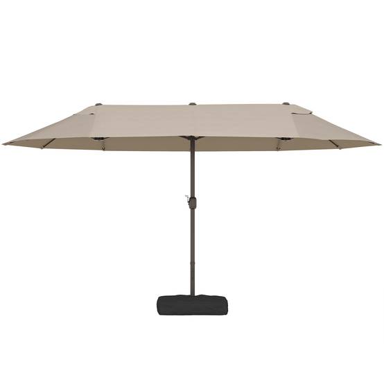 Parasol double 12 baleines avec base en croix et manivelle, avec sacs de sable, acier et polyester, 455x265x238 cm, kaki - Image 2