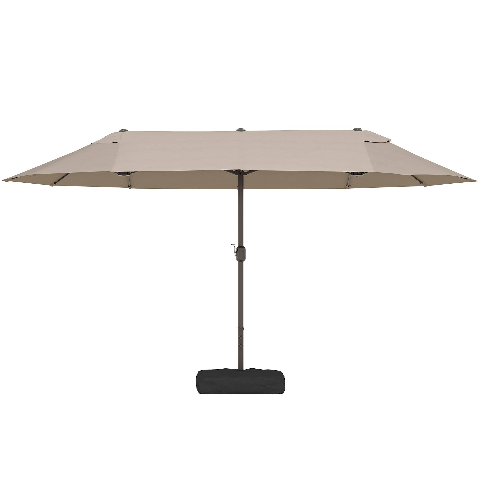 Parasol double 12 baleines avec base en croix et manivelle, avec sacs de sable, acier et polyester, 455x265x238 cm, kaki - Image 2
