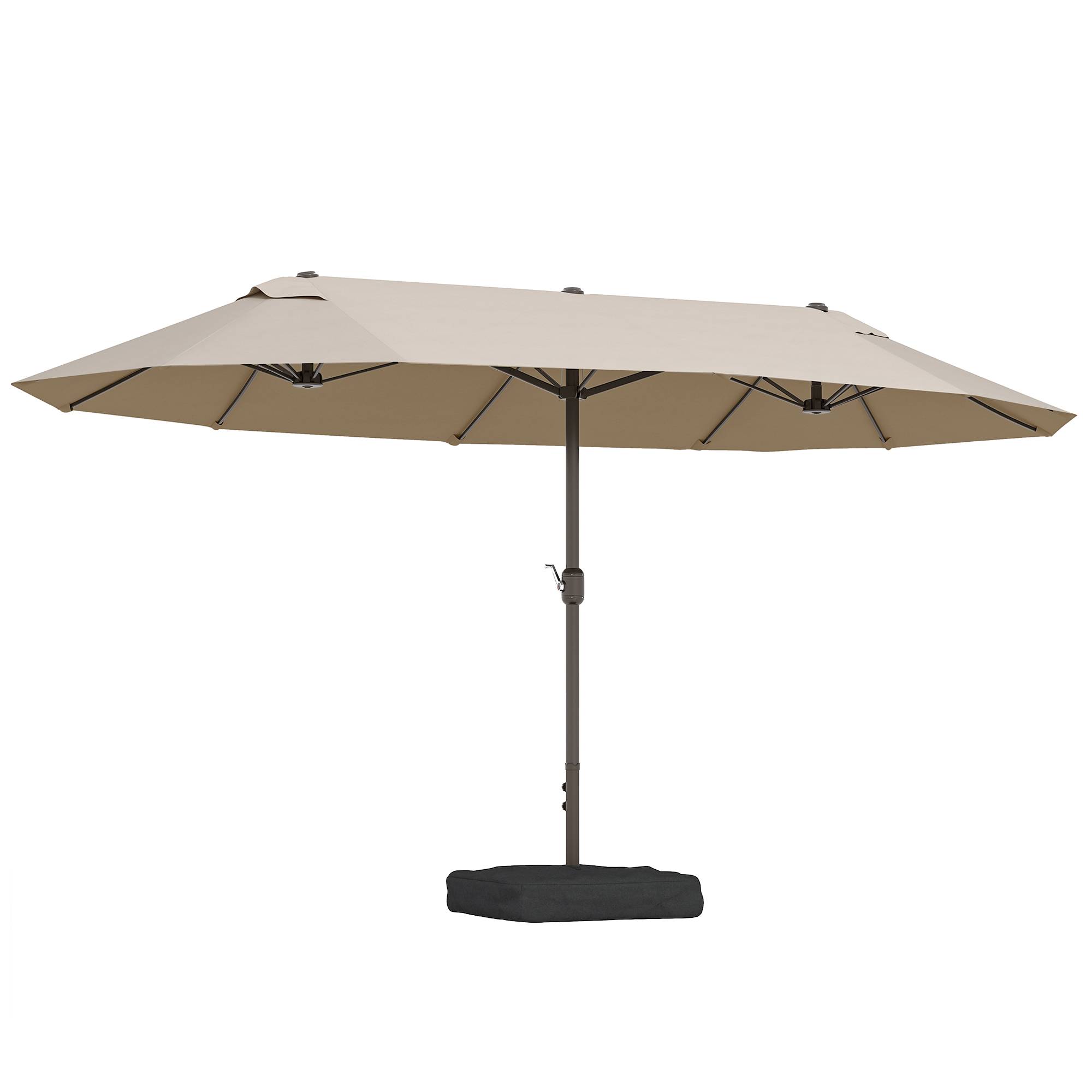 Parasol double 12 baleines avec base en croix et manivelle, avec sacs de sable, acier et polyester, 455x265x238 cm, kaki - Image 1
