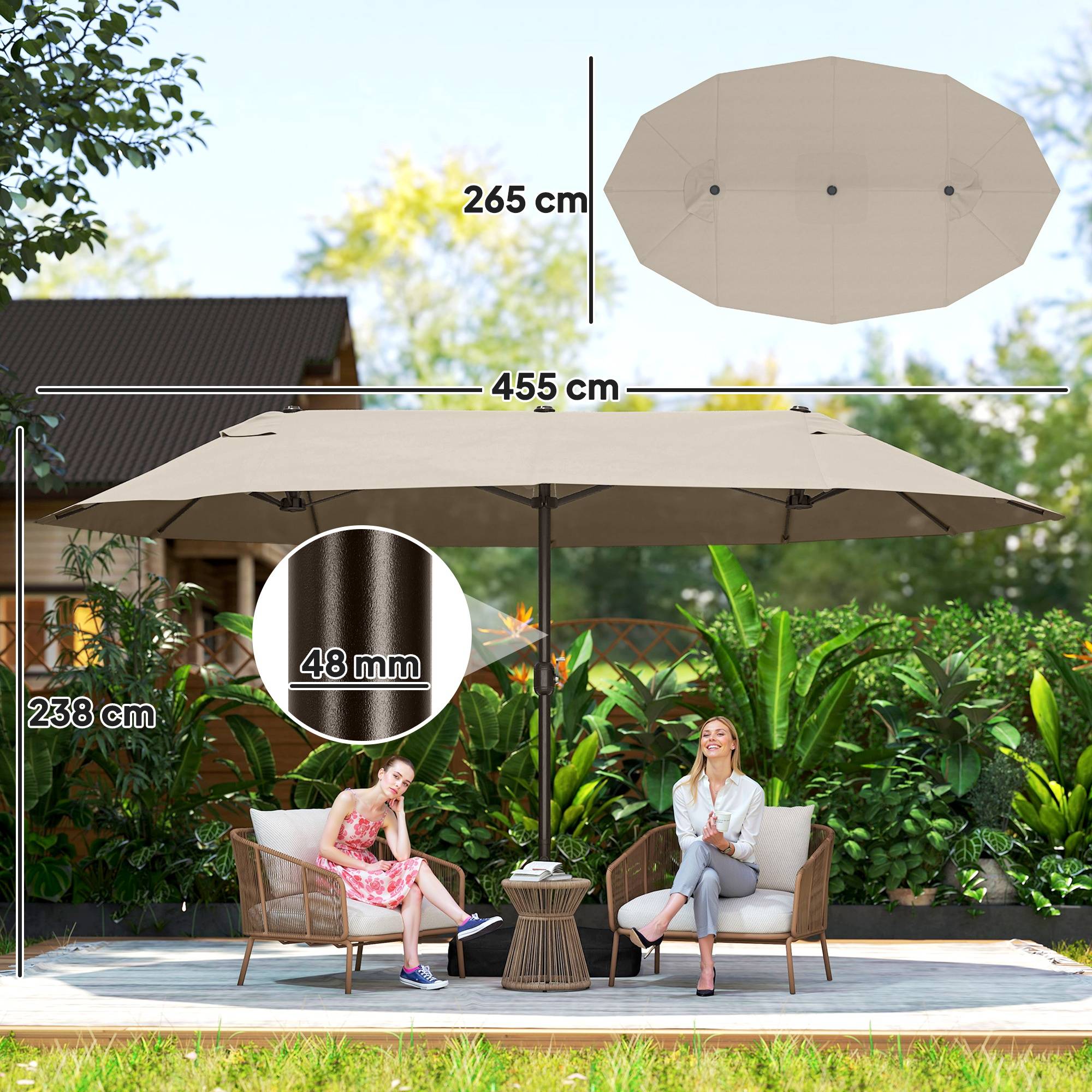 Parasol double 12 baleines avec base en croix et manivelle, avec sacs de sable, acier et polyester, 455x265x238 cm, kaki - Image 5