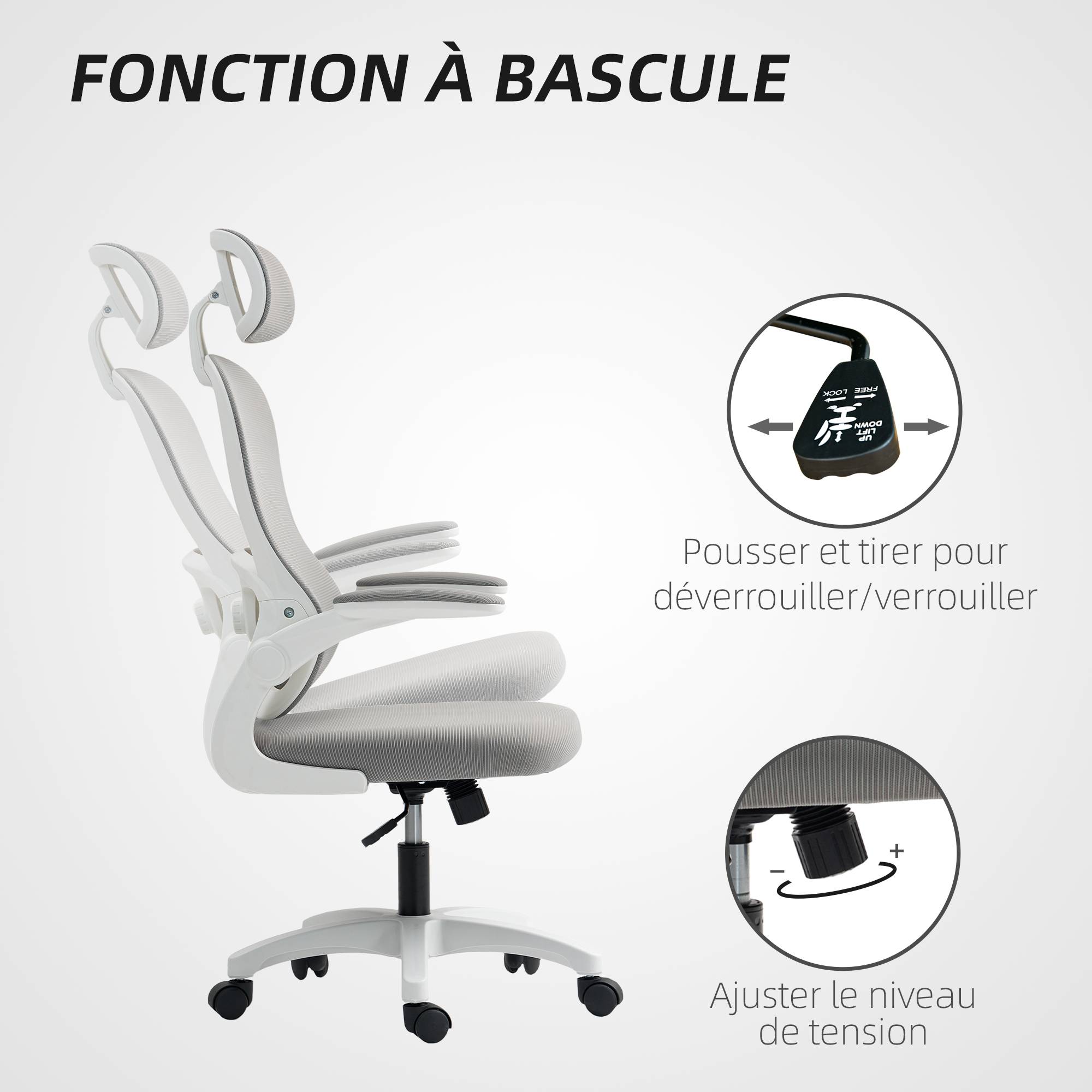Sans Marque - Chaise Bureau Ergonomique, Fauteuil de Bureau en Maille avec Accoudoirs Rabattables, Hauteur Réglable, 64x62x115cm, Gris - Image 9