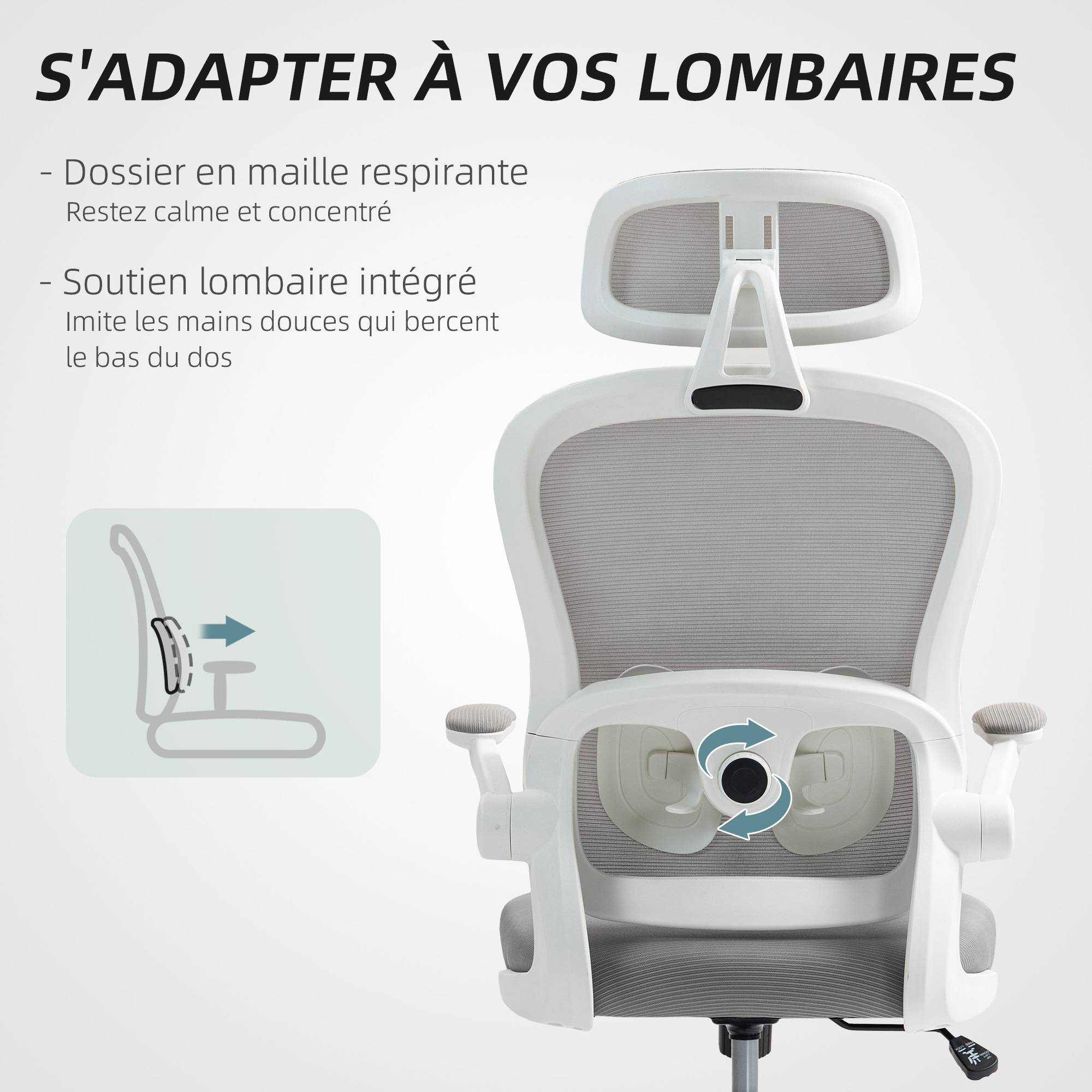 Sans Marque - Chaise Bureau Ergonomique, Fauteuil de Bureau en Maille avec Accoudoirs Rabattables, Hauteur Réglable, 64x62x115cm, Gris - Image 7