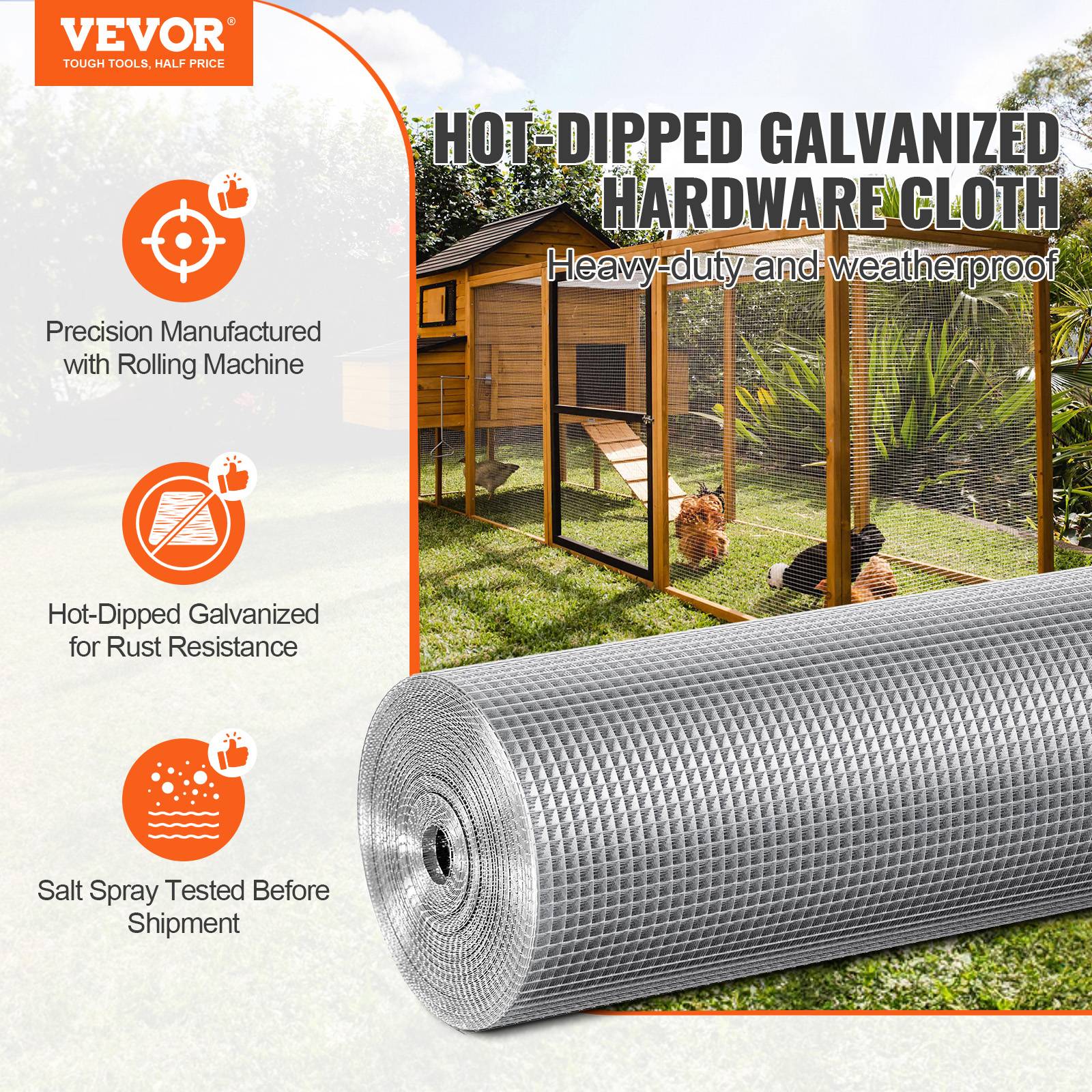 VEVOR Grillage métallique soudé galvanisé 0.915x30.48m, maille 6.35x6.35mm, pour clôture/cage à lapins. - Image 2