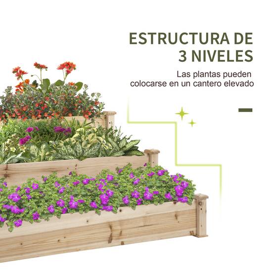 Carré Potager en Bois à 3 Niveaux Jardin Potager en Escalier Grande Capacité 120x120cm Naturel - ComfortXL Outdoor Living - Image 8