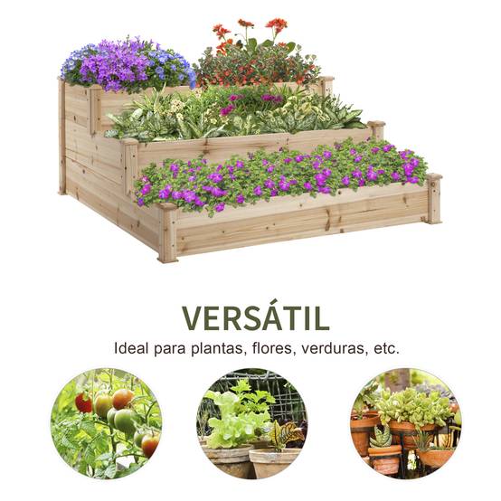 Carré Potager en Bois à 3 Niveaux Jardin Potager en Escalier Grande Capacité 120x120cm Naturel - ComfortXL Outdoor Living - Image 7
