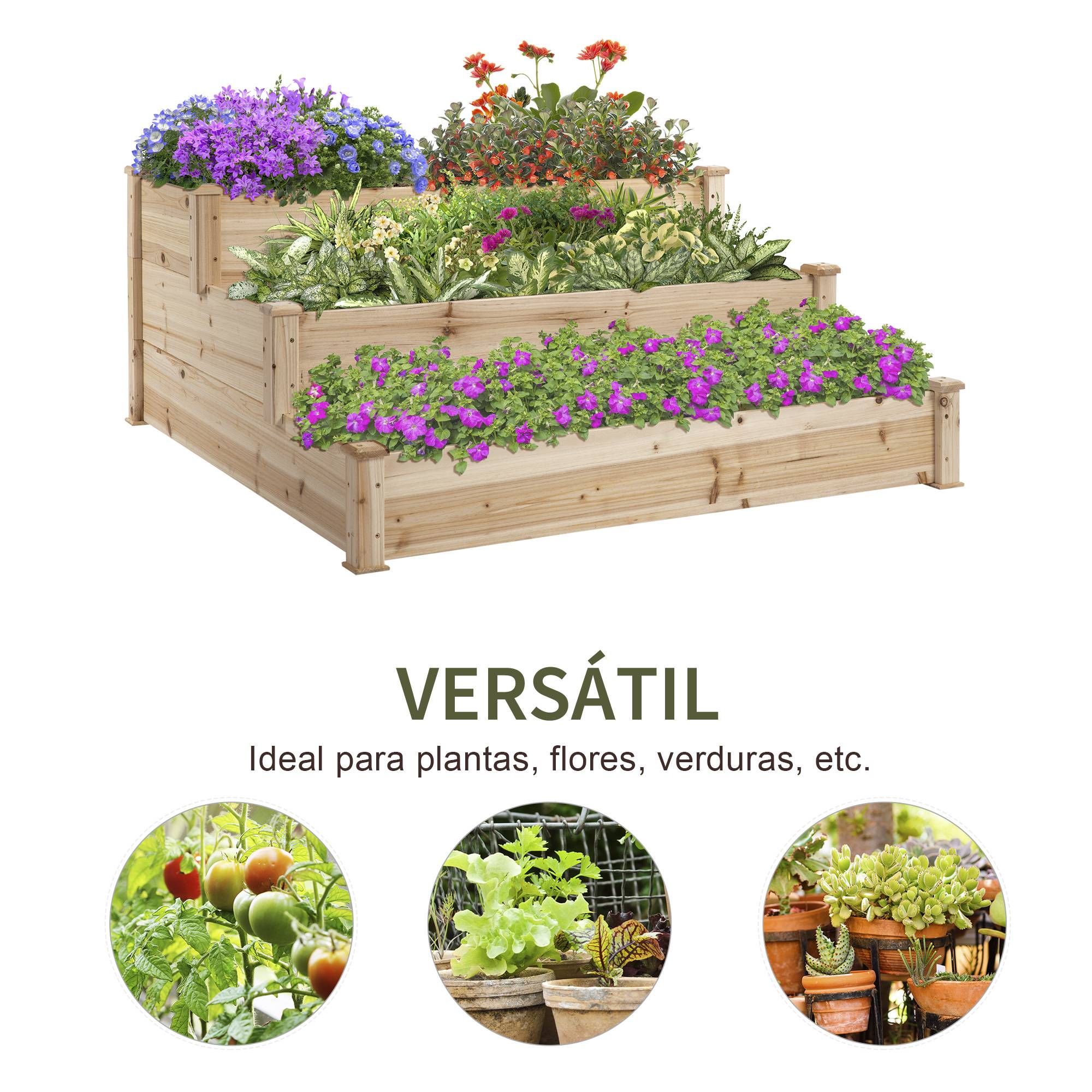 Carré Potager en Bois à 3 Niveaux Jardin Potager en Escalier Grande Capacité 120x120cm Naturel - ComfortXL Outdoor Living - Image 7