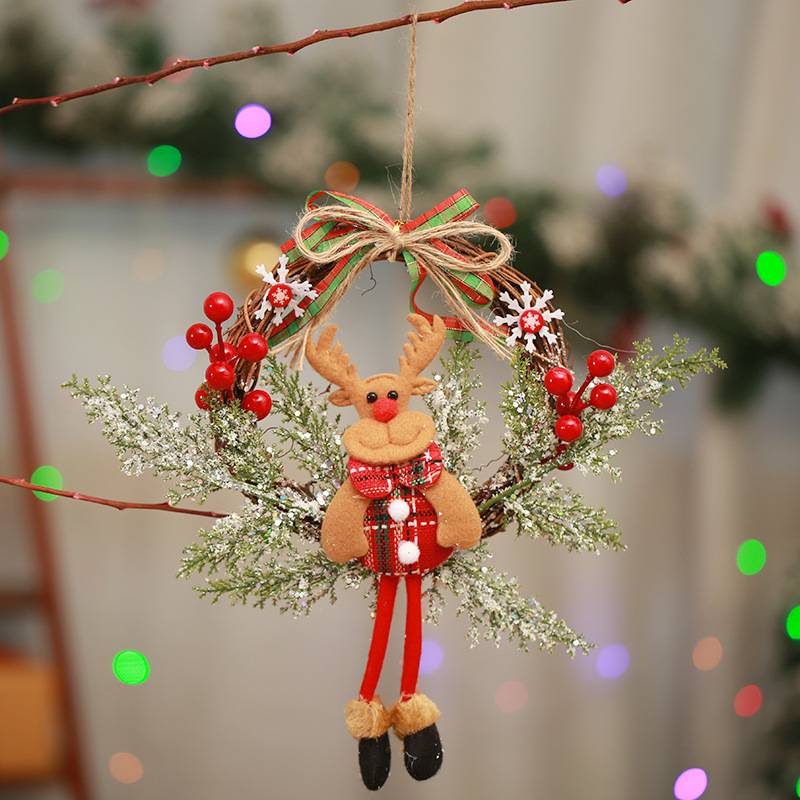 Décorations de couronne de noël, porte de poupée de renne suspendue Branches mortes, guirlande de cercle de vigne, ornement de noël - Image 1