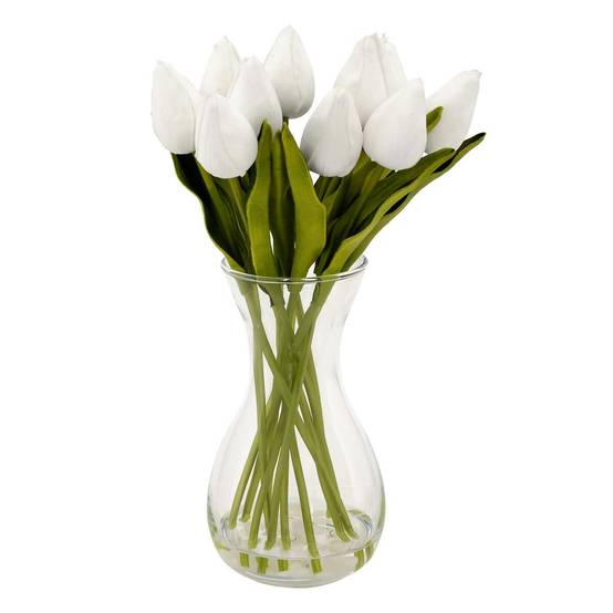 Composition Artificielle de Tulipes "Hector" 28cm Blanc - Image 1