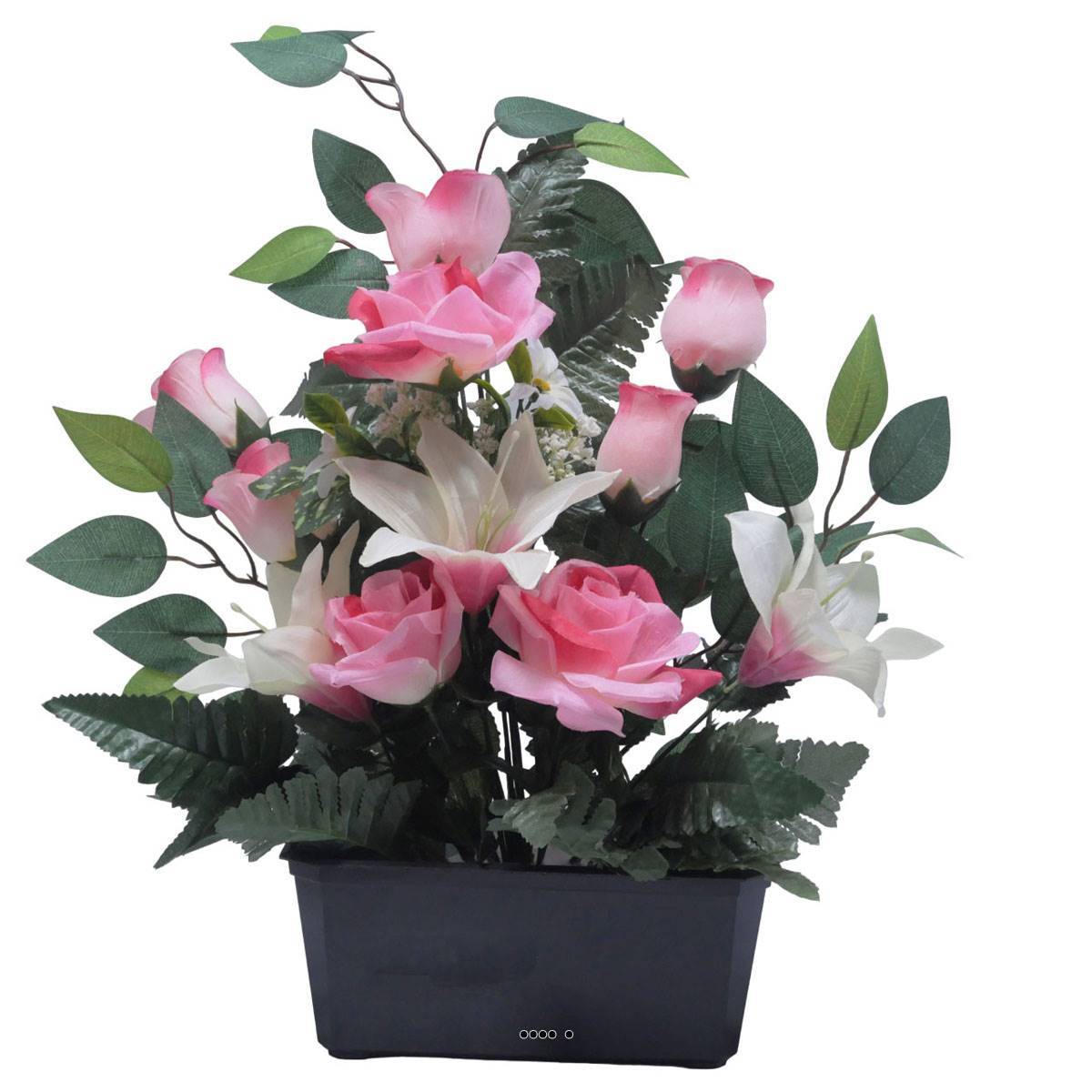 Artificielles - Jardinière fleurs Rose, Bouton de rose, Lys tigré et Ficus Rose artificiels pour la Toussaint - couleur: Rose 715 - Image 1