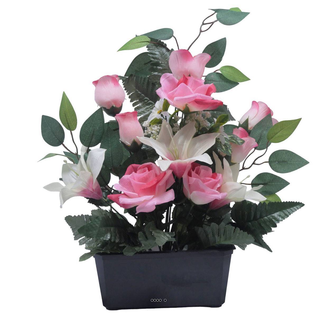 Artificielles - Jardinière fleurs Rose, Bouton de rose, Lys tigré et Ficus Rose artificiels pour la Toussaint - couleur: Rose 715 - Image 2