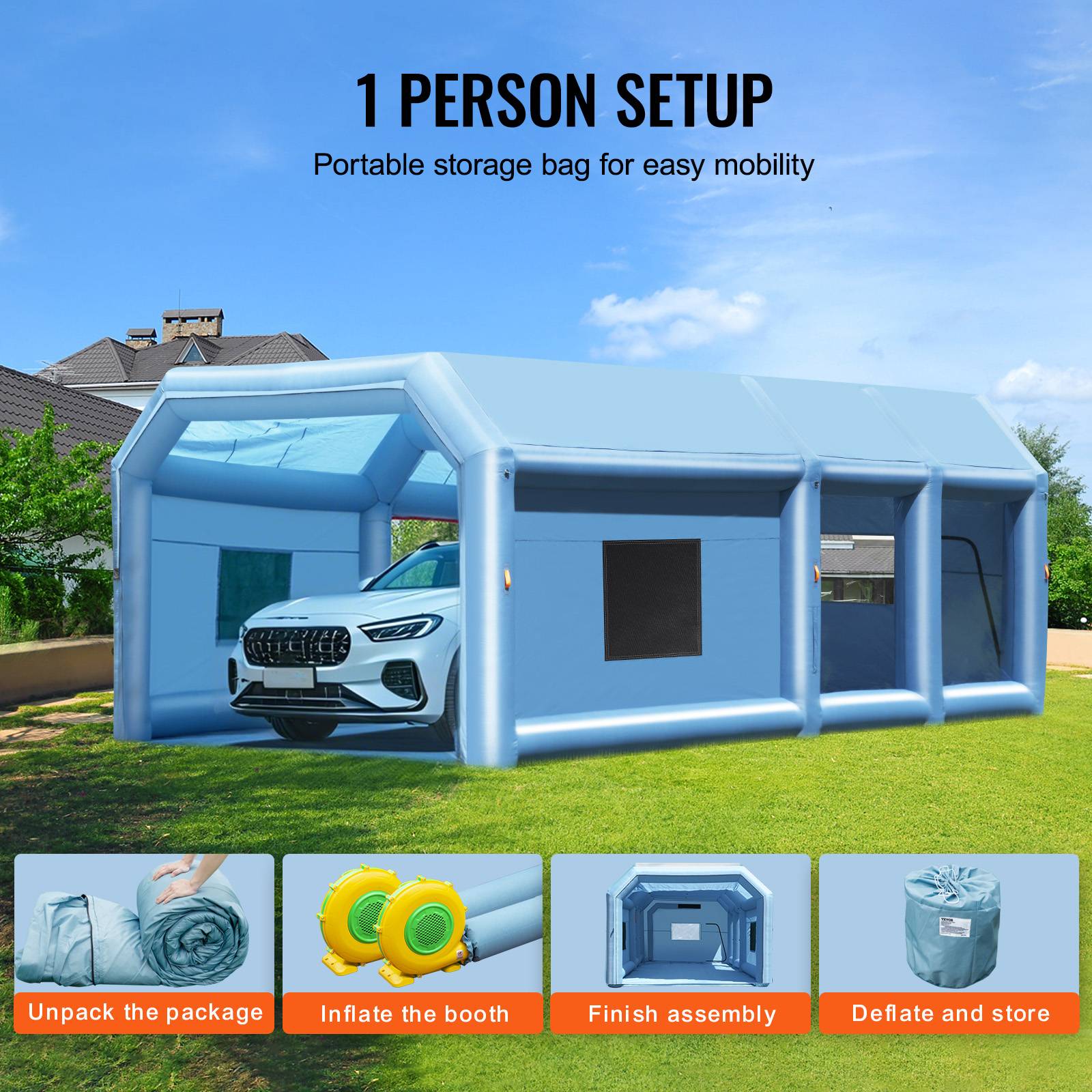 VEVOR Cabine peinture gonflable 8x4.5x3m, souffleurs 950+750W avec filtration, station de travail atelier. - Image 6