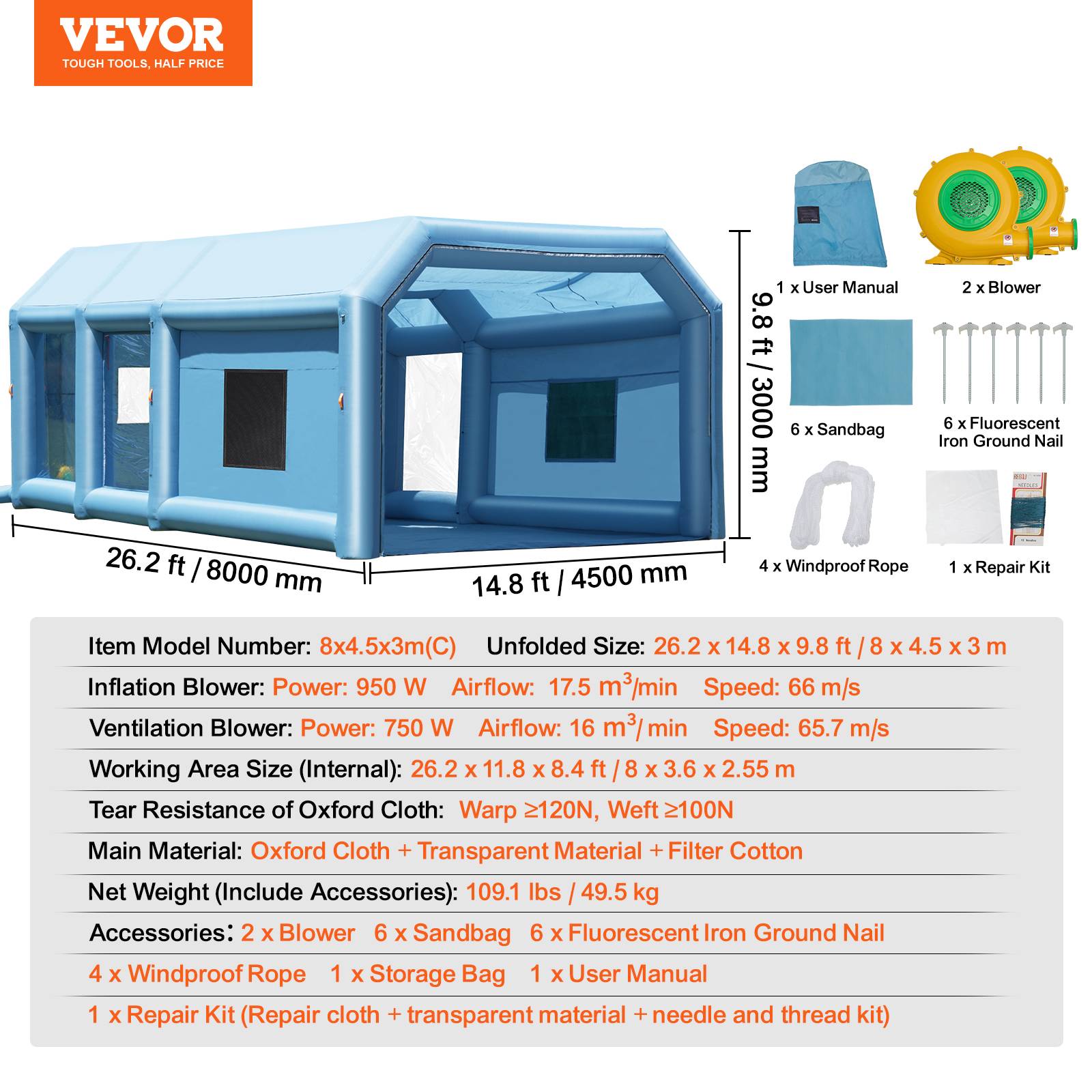 VEVOR Cabine peinture gonflable 8x4.5x3m, souffleurs 950+750W avec filtration, station de travail atelier. - Image 7