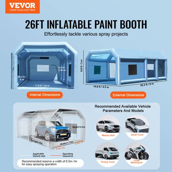 VEVOR Cabine peinture gonflable 8x4.5x3m, souffleurs 950+750W avec filtration, station de travail atelier. - Image 2