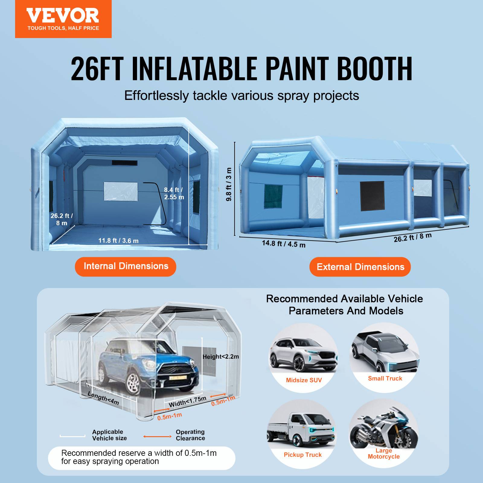 VEVOR Cabine peinture gonflable 8x4.5x3m, souffleurs 950+750W avec filtration, station de travail atelier. - Image 2